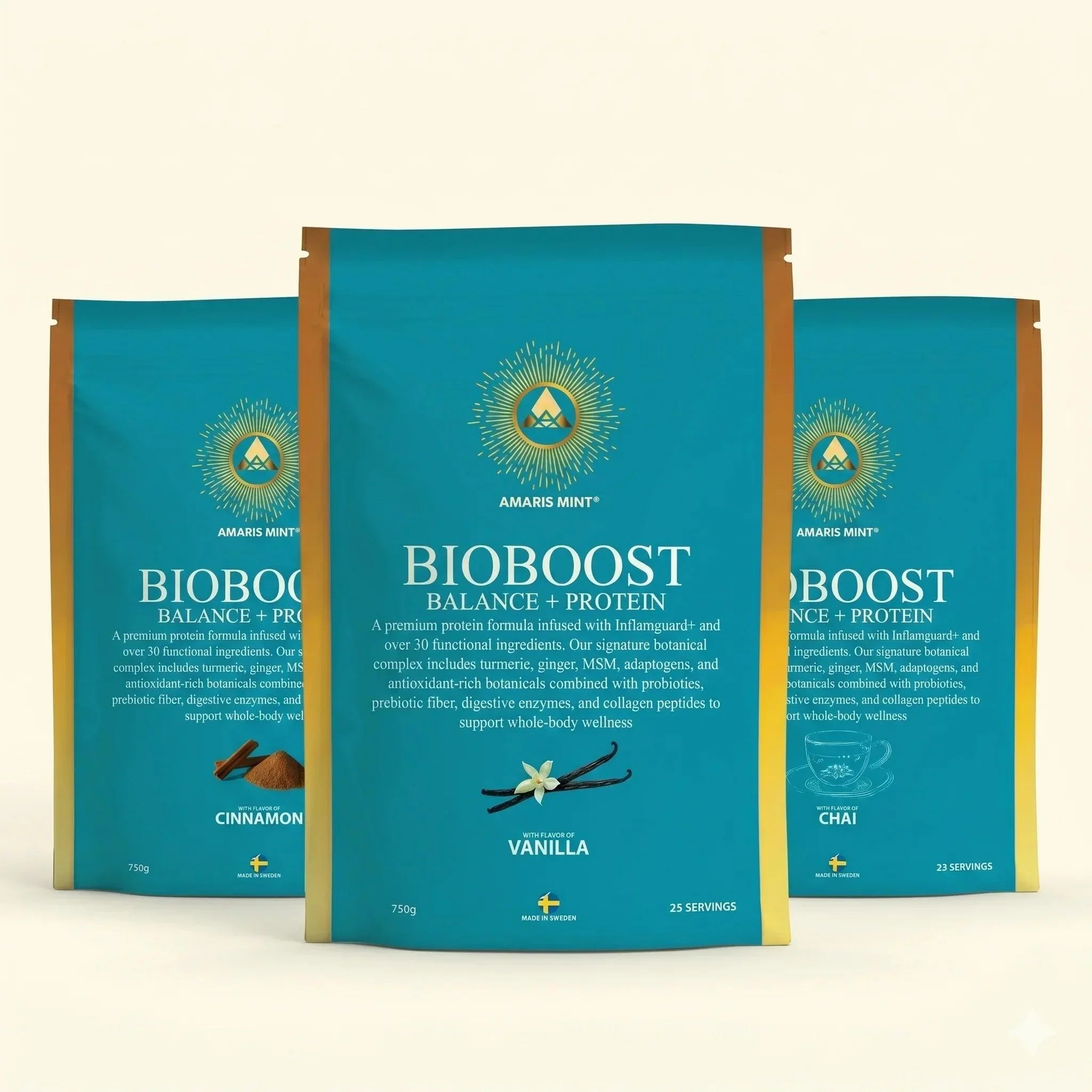 Amaris Mint BioBoost Balance + Protein in vanilla, cinnamon, and chai flavors — premium plant-based nutrition with botanicals and 30+ functional ingredients, made in Sweden.