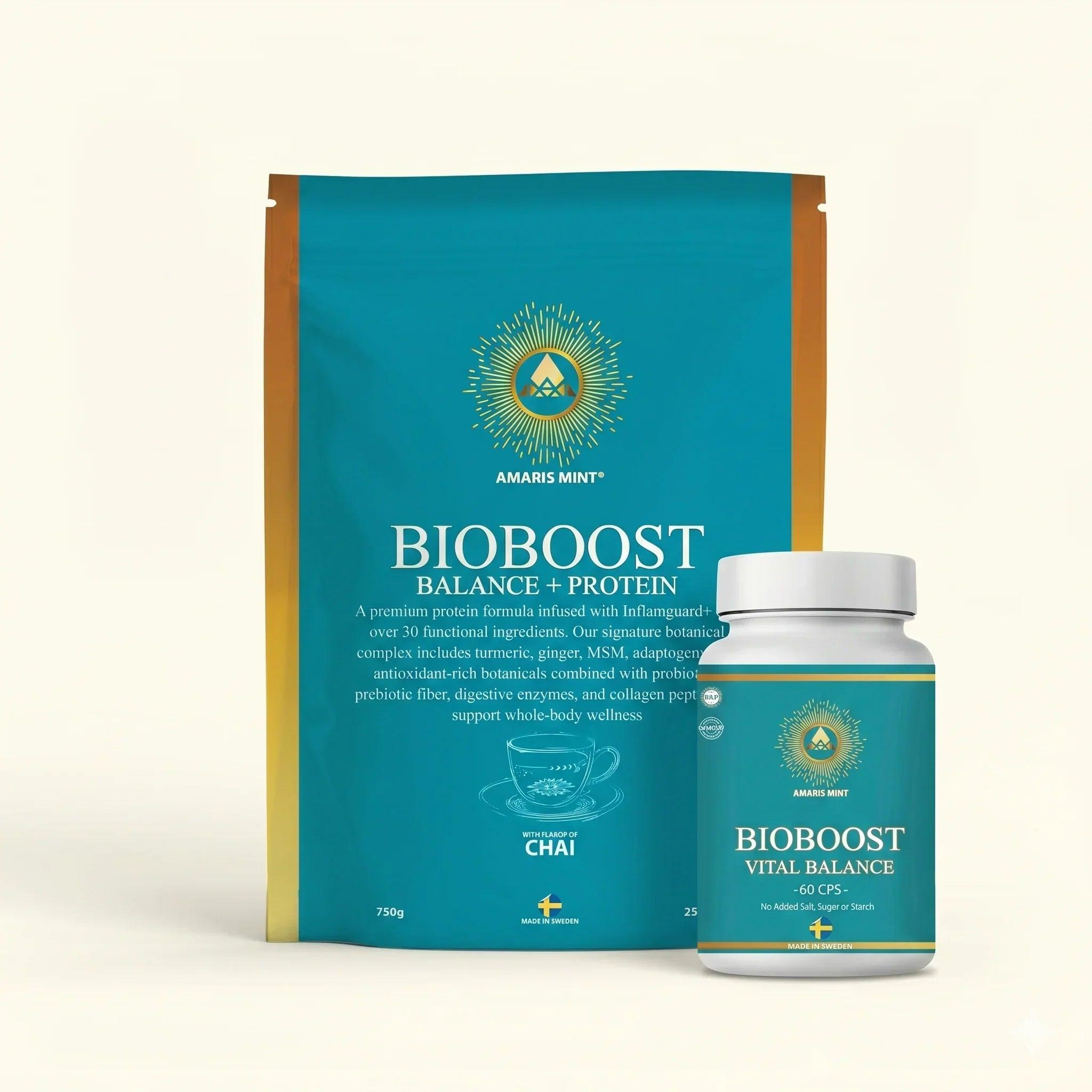 Amaris Mint BioBoost Balance + Protein powder and Vital Balance capsules, premium daily nutrition with botanicals, made in Sweden