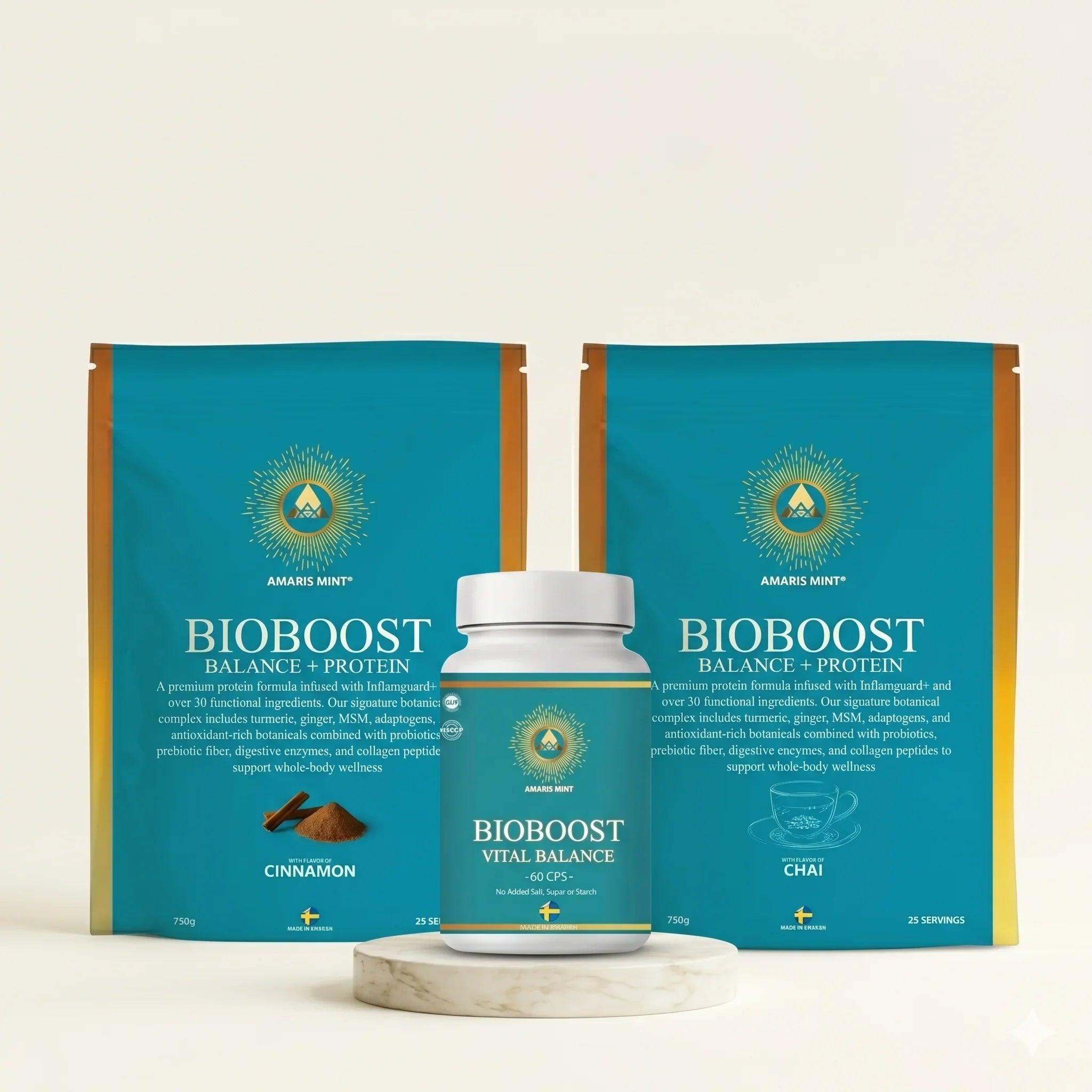 Amaris Mint BioBoost Balance + Protein packs and Vital Balance capsules with cinnamon and chai flavors