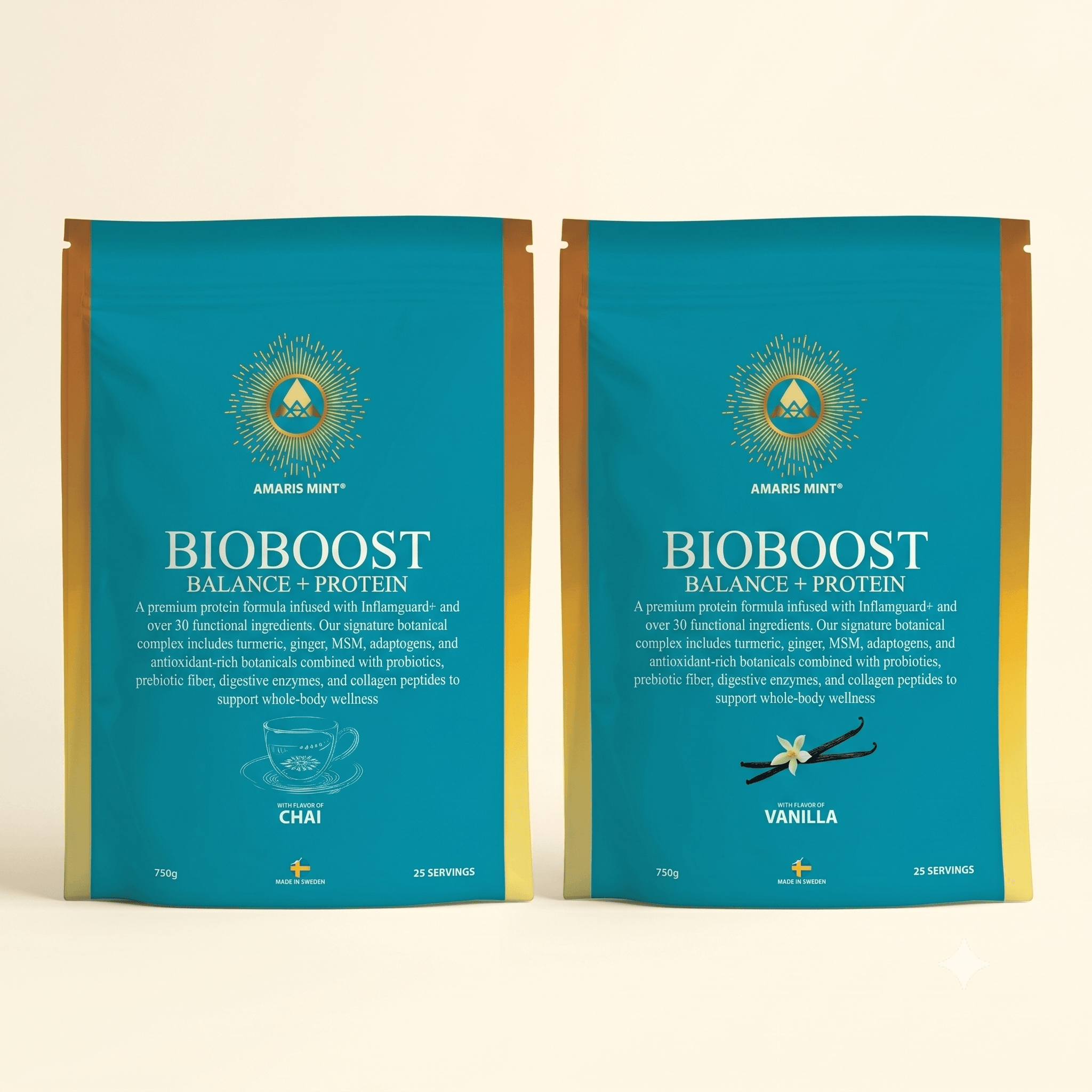Two teal BioBoost Balance + Protein pouches, Chai and Vanilla flavors, made in Sweden with botanicals and protein for wellness