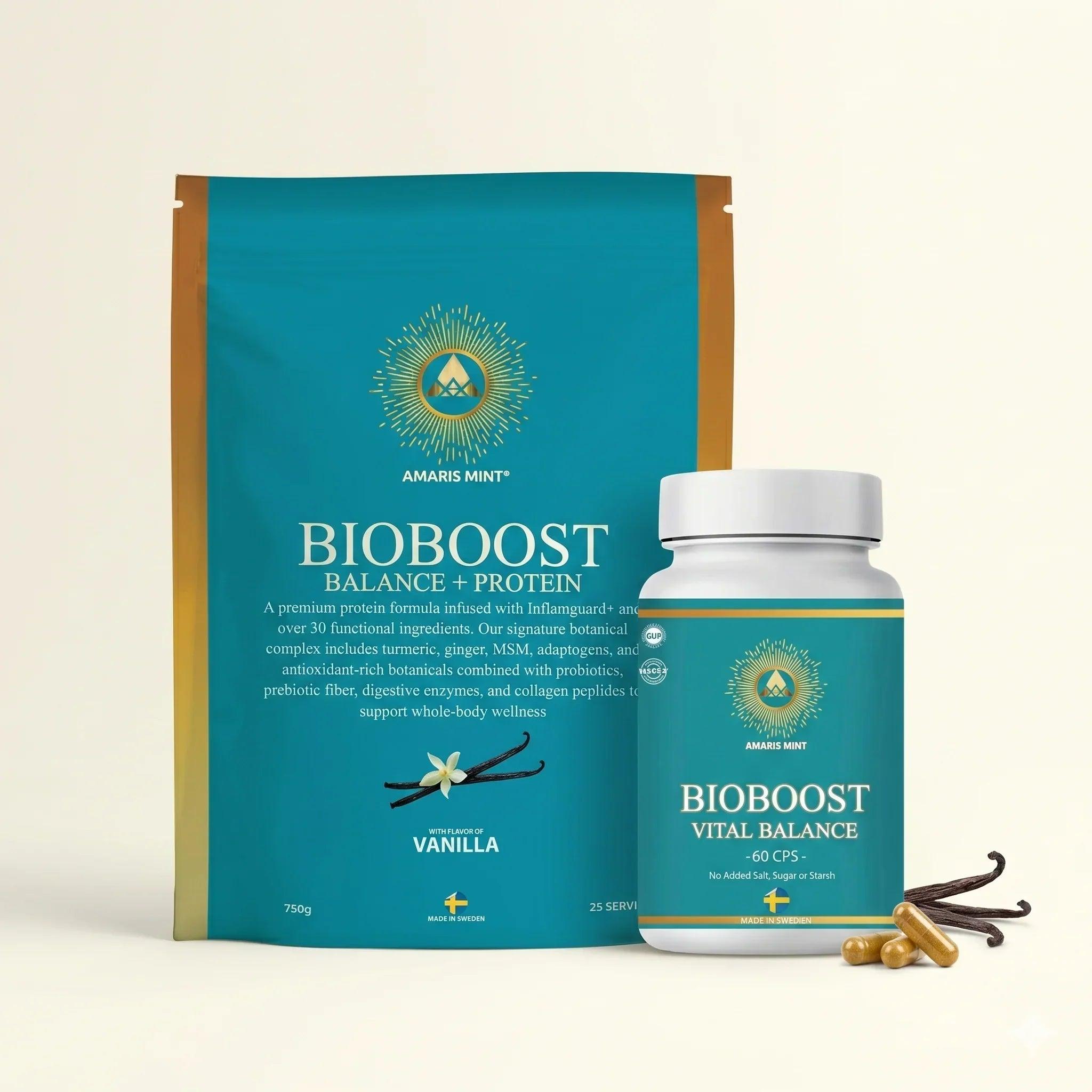 Amaris Mint BioBoost Balance + Protein powder and Vital Balance capsules with vanilla flavor, made in Sweden
