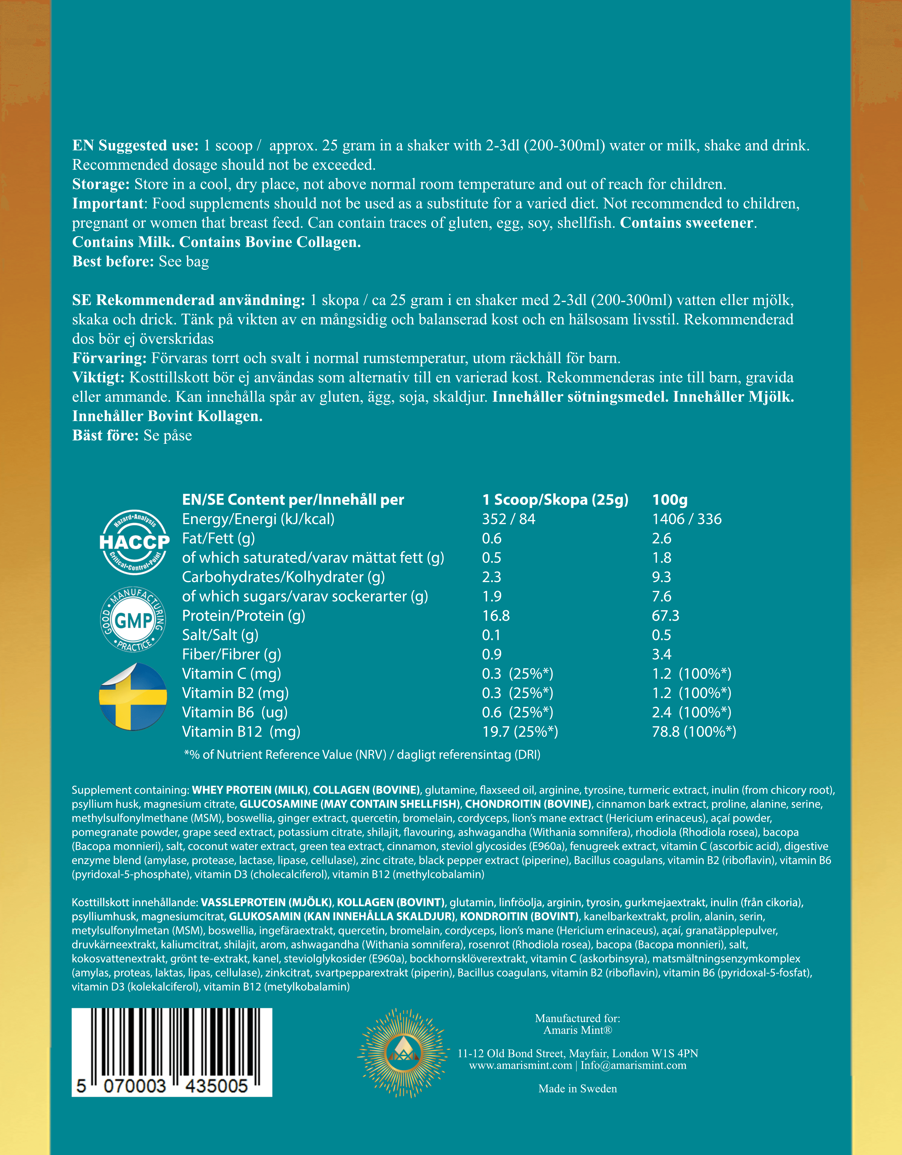 Back of the Anti-Inflammatory Protein – Cinnamon packaging, detailing ingredients, serving suggestions, and nutritional info.