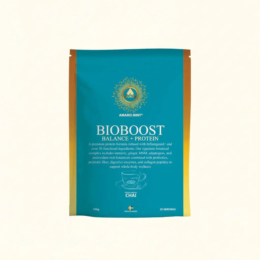 Amaris Mint Bioboost Balance + Protein packet with chai flavor, featuring botanicals, probiotics, and collagen peptides for wellness.