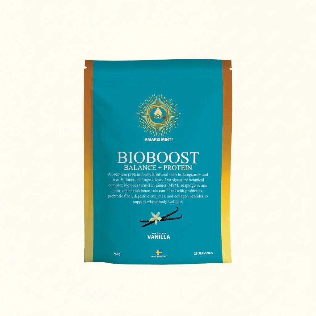 Amaris Mint Bioboost Balance + Protein vanilla flavor pouch with botanicals and probiotics for wellness