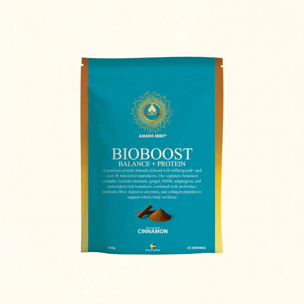 Amaris Mint BioBoost Balance + Protein in cinnamon flavor, 750g pouch with botanicals and probiotics for wellness