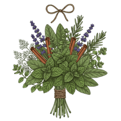 Herbal bouquet with mint, lavender, rosemary, and cinnamon sticks tied with twine