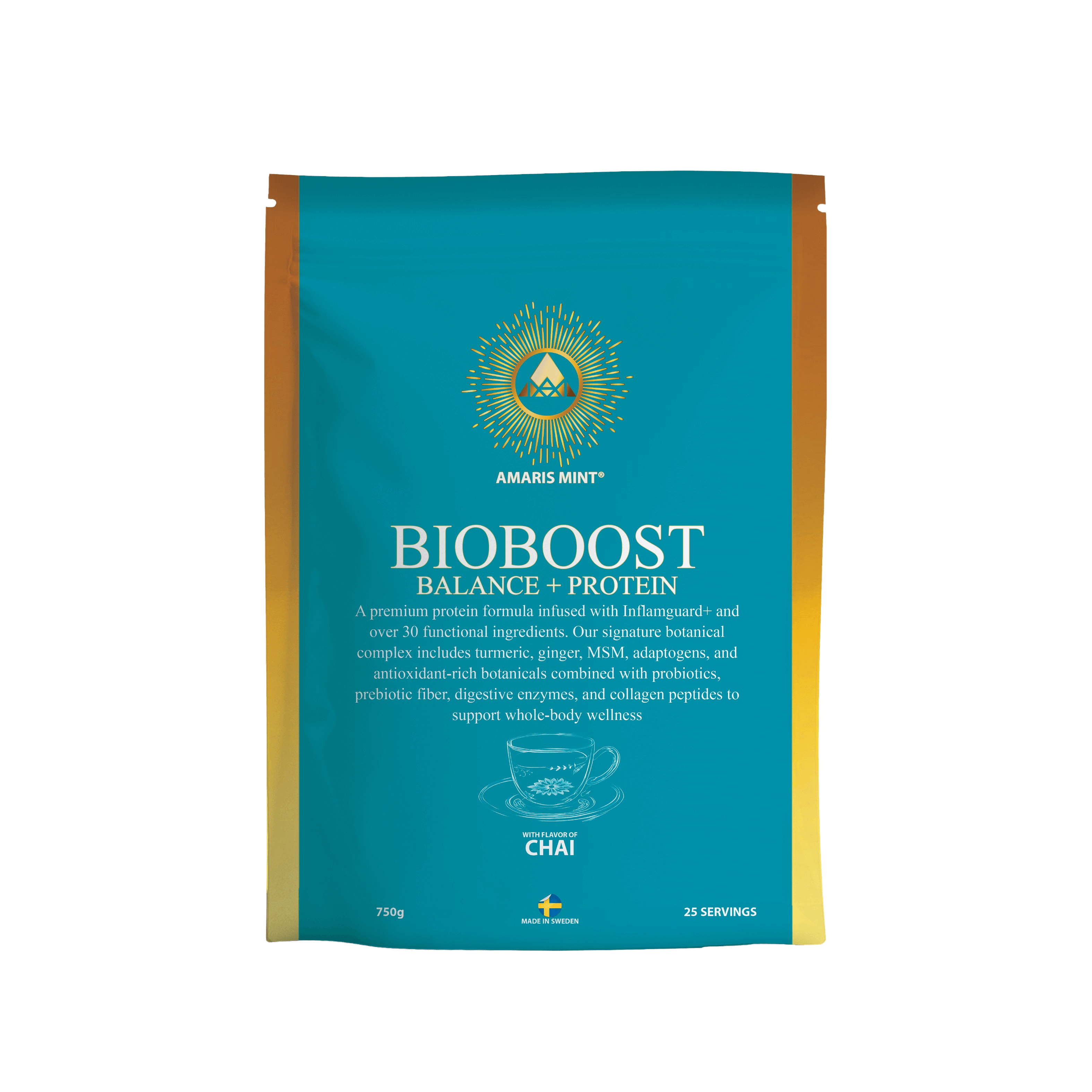 Anti-inflammatory protein powder in Chai flavor, BioBoost Balance+™, for joint health and wellness.