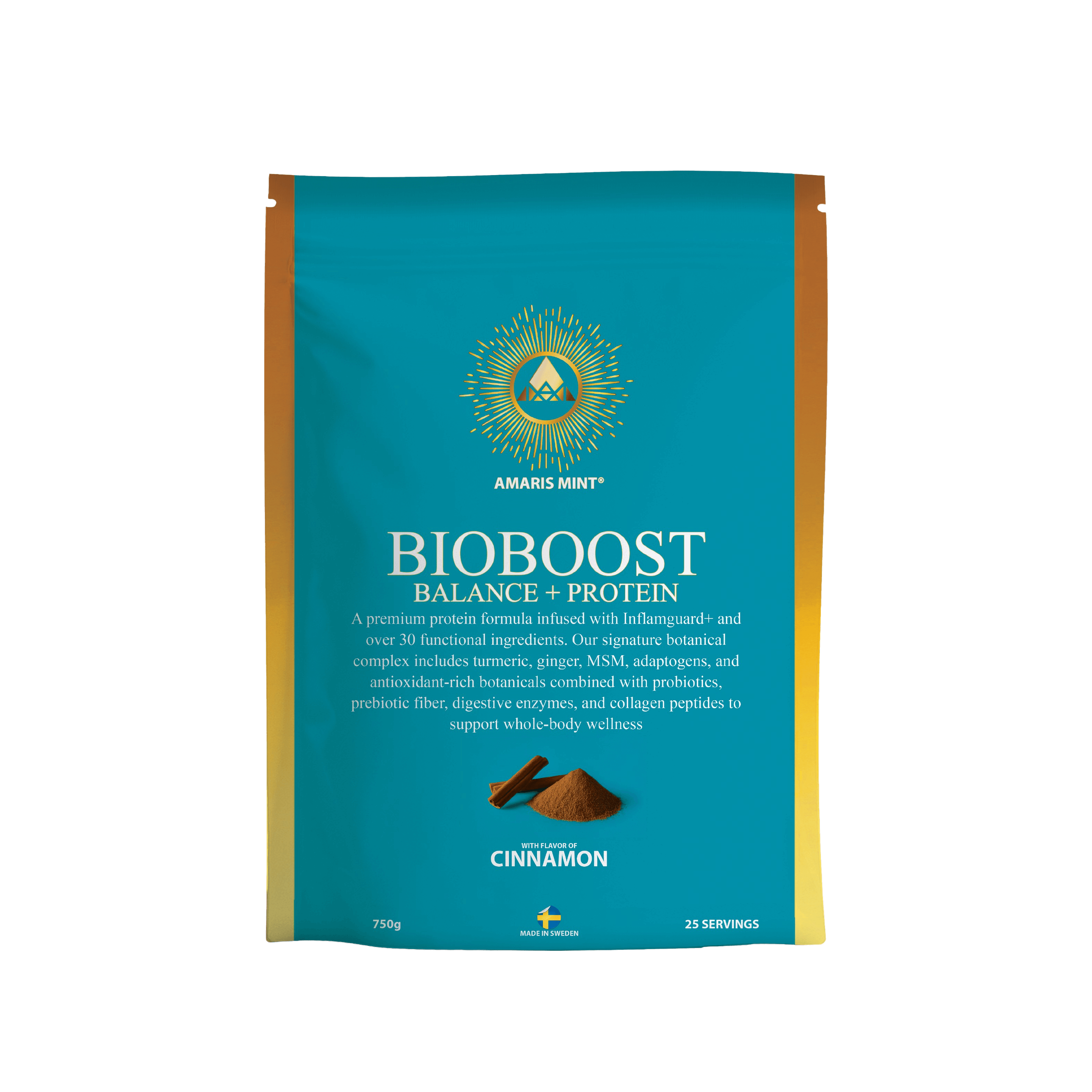 BioBoost Balance+™ Anti-Inflammatory Protein with cinnamon, turmeric, and ginger for wellness support, 750g packaging.