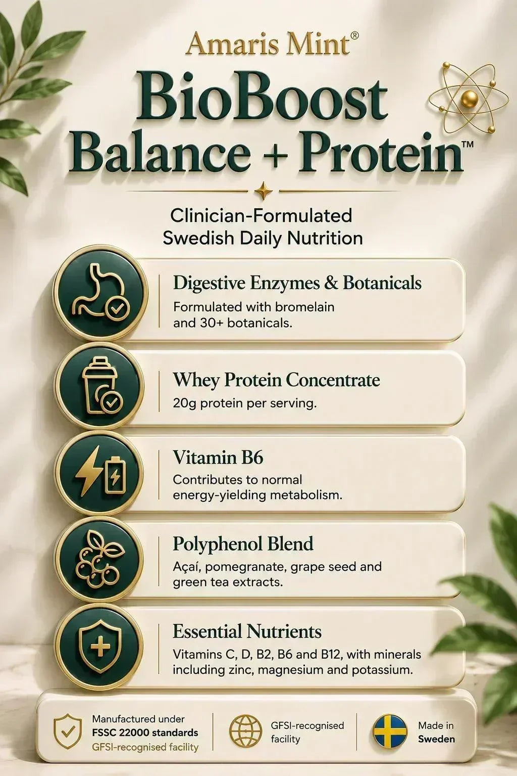 Amaris Mint BioBoost Balance + Protein infographic showing 25 g protein, digestive enzymes, vitamins and botanicals.