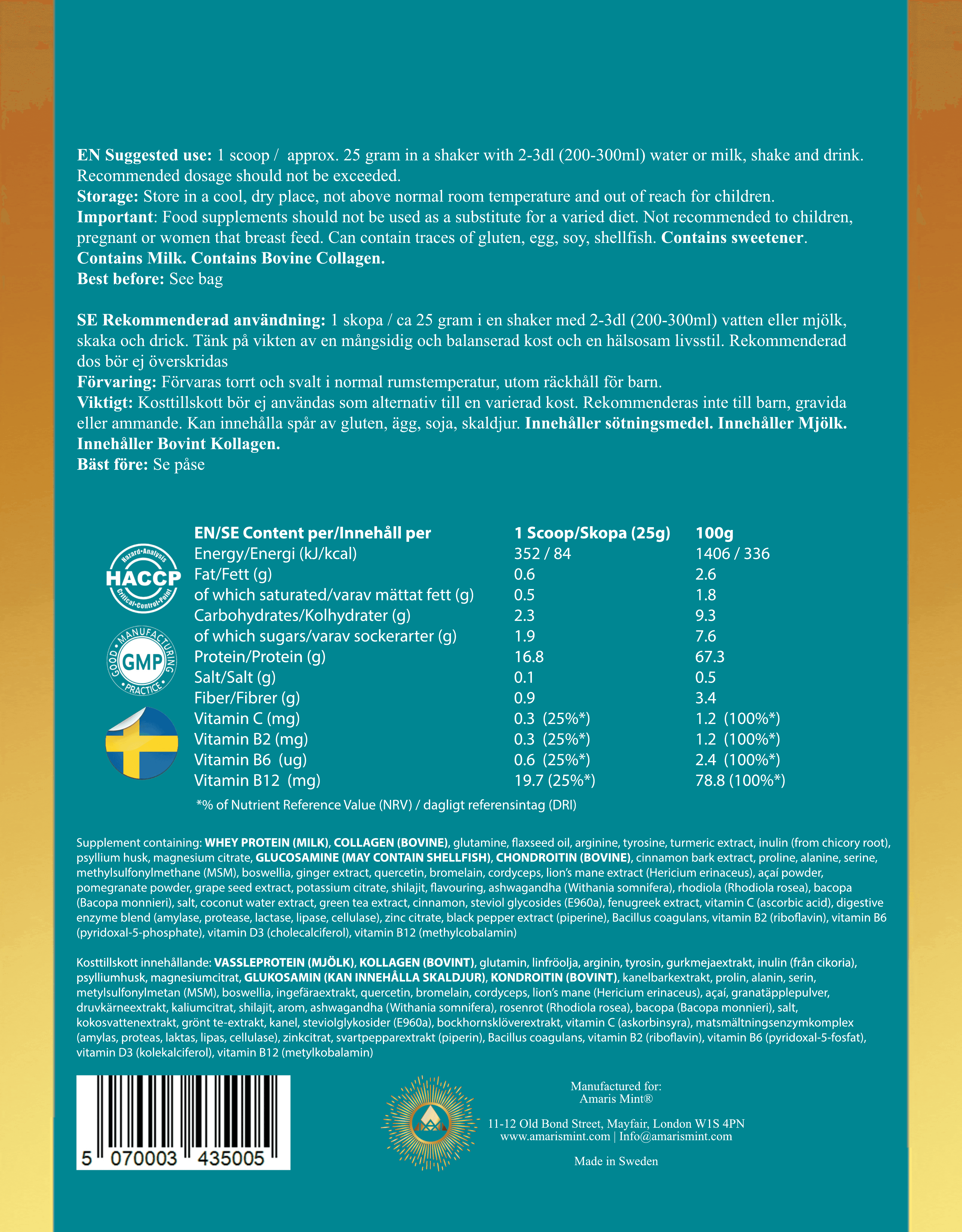 Amaris Mint BioBoost Balance + Protein back label showing ingredients, nutrition declaration, allergens and preparation instructions.