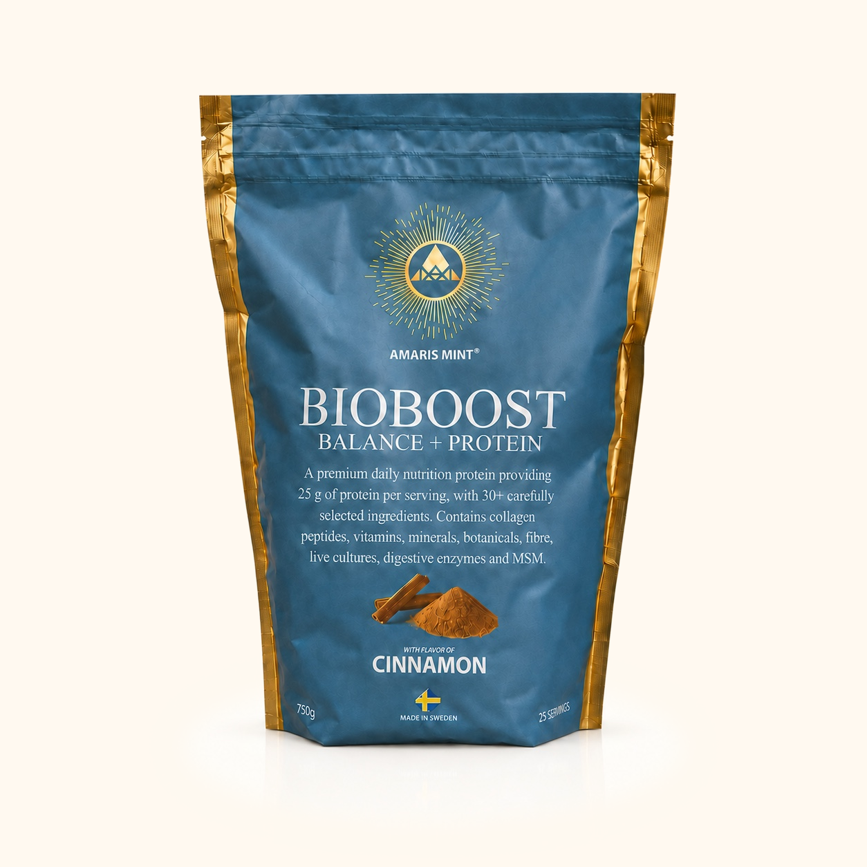Amaris Mint BioBoost Balance + Protein Cinnamon 750 g protein powder pouch on an ivory background.