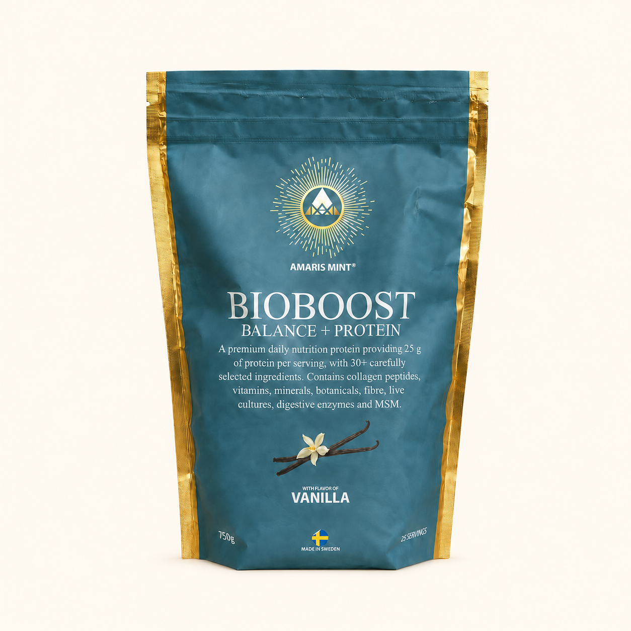 Amaris Mint® BioBoost Balance + Protein™ vanilla protein powder in a teal and gold 750 g pouch.