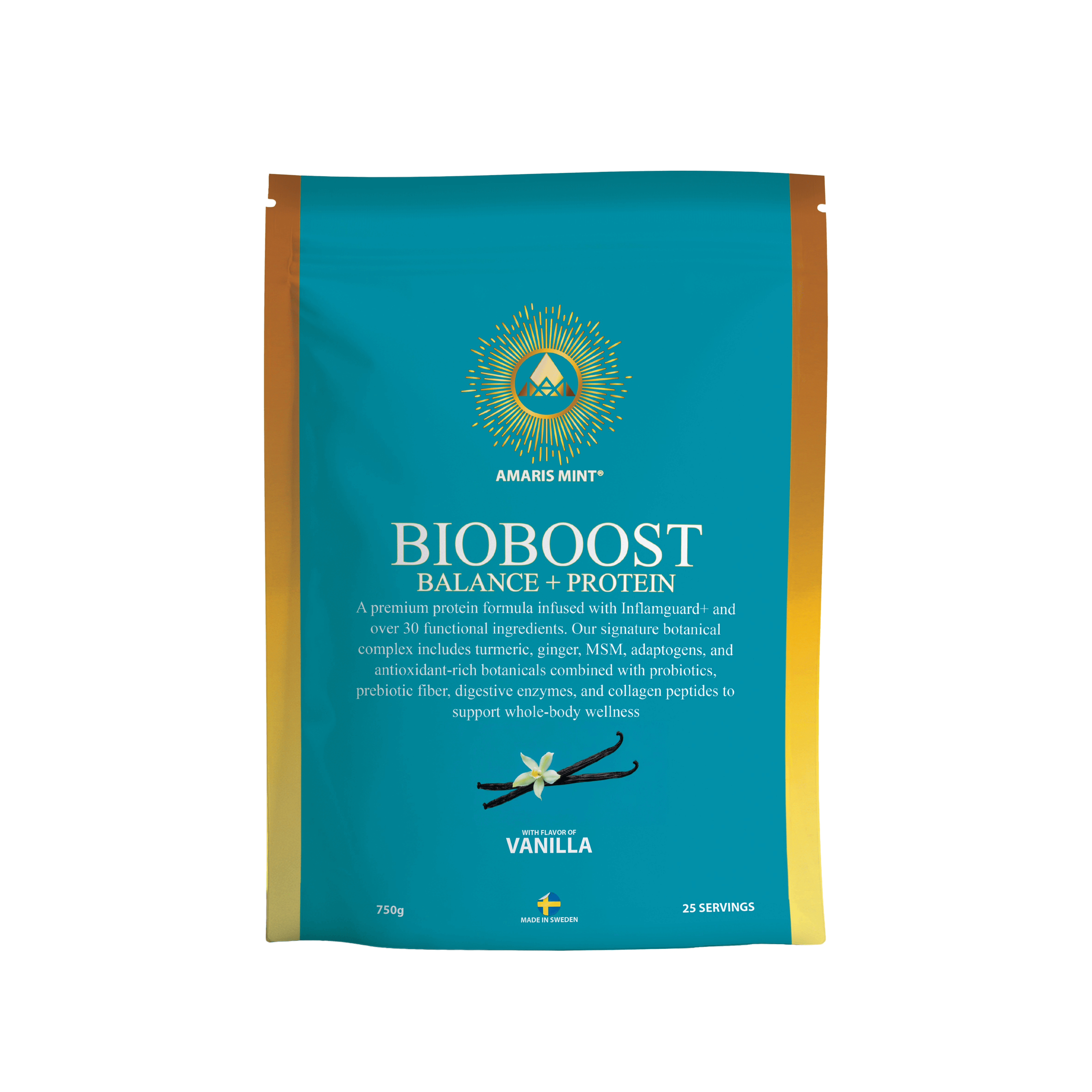 BioBoost Balance+™ Vanilla protein package showcasing anti-inflammatory benefits and natural ingredients for wellness.