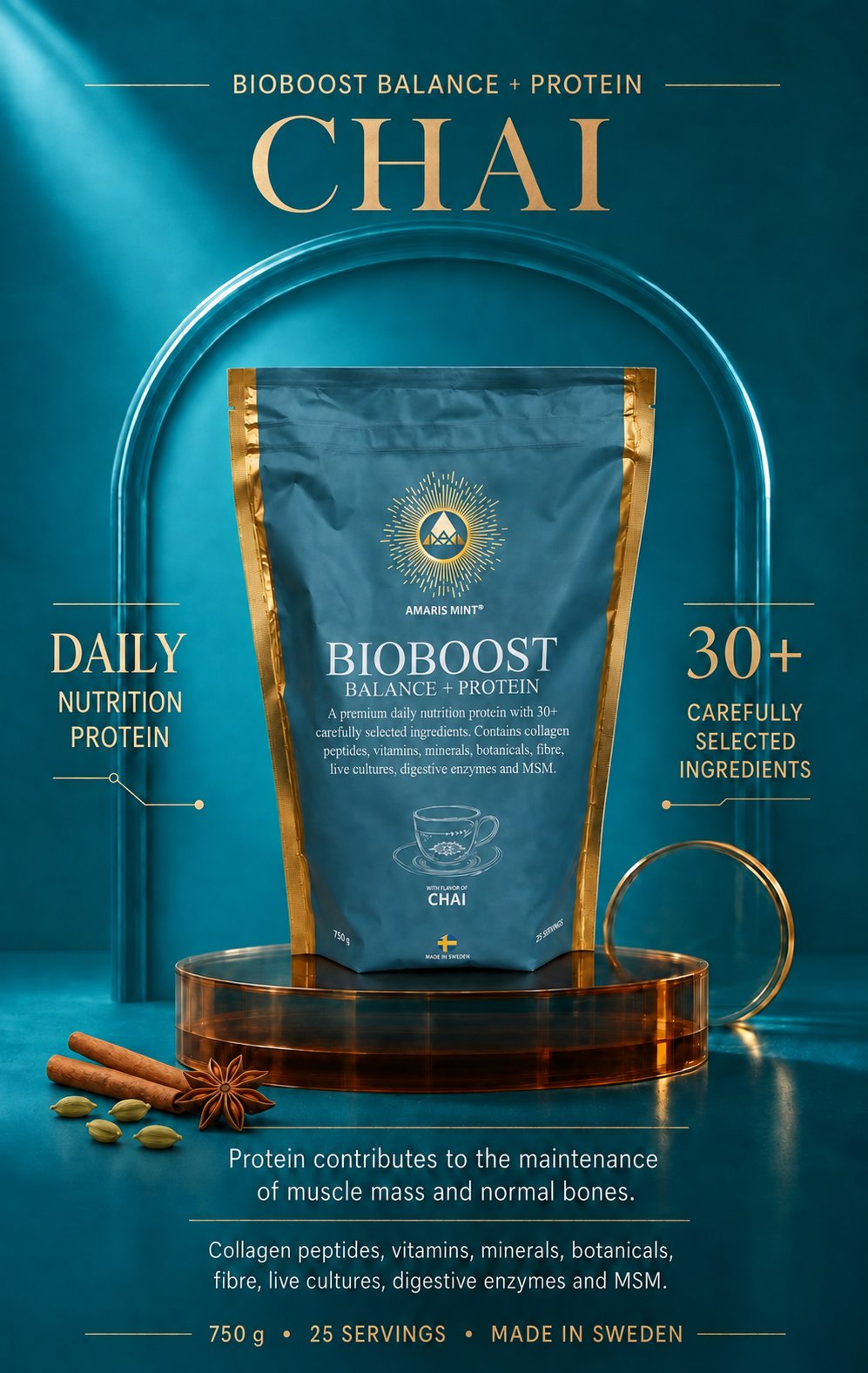 Amaris Mint BioBoost Balance+ Protein Chai daily nutrition protein with 30+ carefully selected ingredients, made in Sweden.
