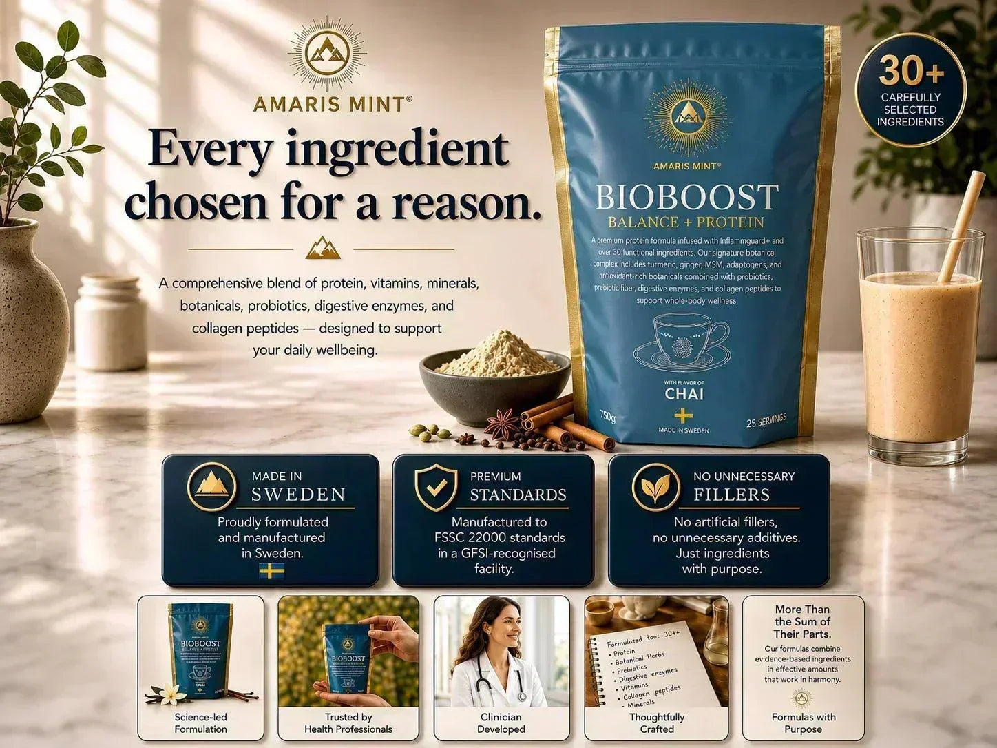 Amaris Mint BioBoost Balance + Protein Chai pouch with a shake, highlighting 30+ ingredients and Made in Sweden.