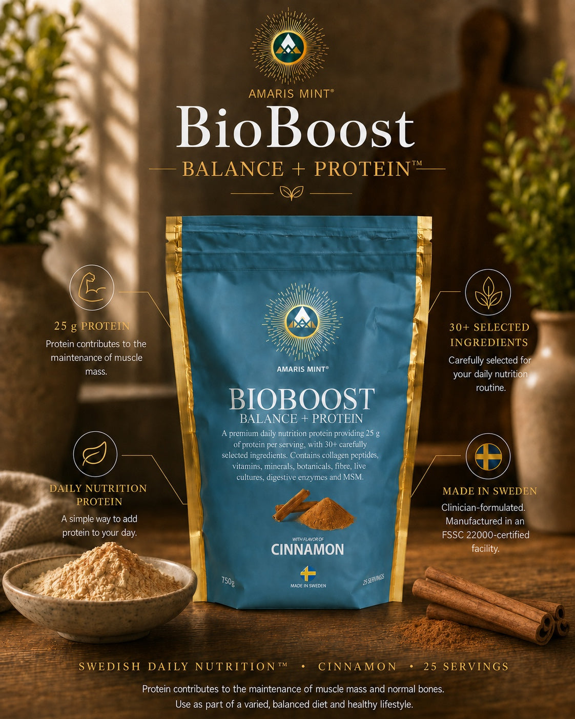 Amaris Mint BioBoost Balance + Protein Cinnamon: 25 g protein, 30+ carefully selected ingredients and 25 servings.