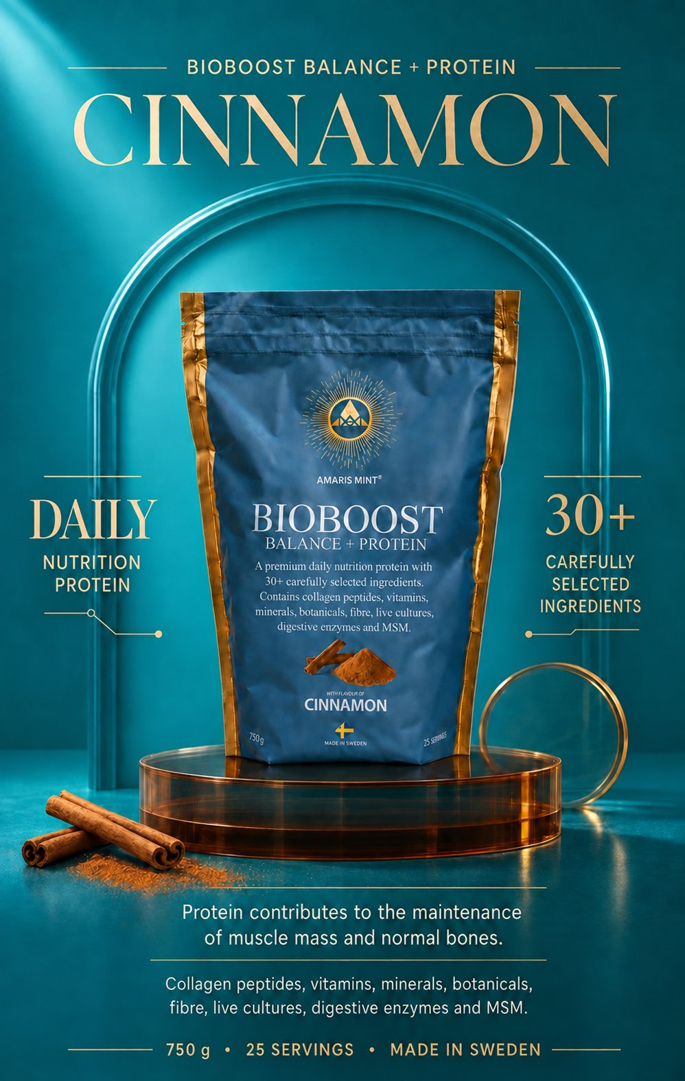 Amaris Mint BioBoost Balance+ Protein Cinnamon daily nutrition protein with 30+ carefully selected ingredients, made in Sweden.