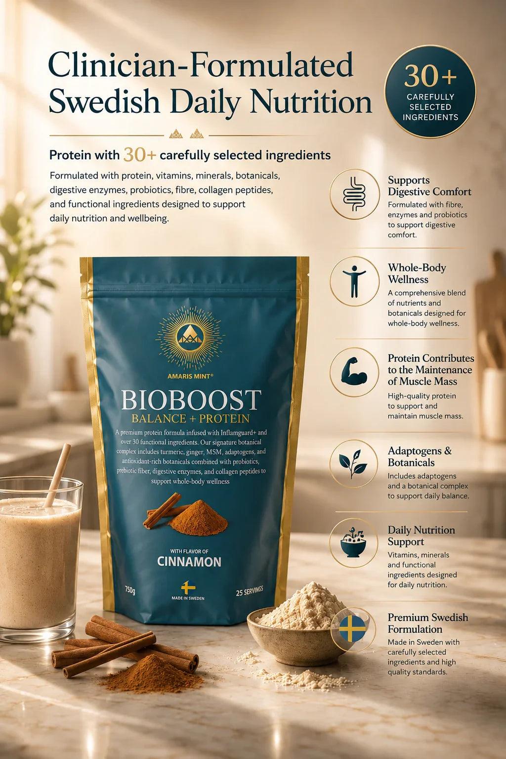 Amaris Mint BioBoost Balance + Protein Cinnamon infographic highlighting 30+ carefully selected ingredients and Swedish manufacture.
