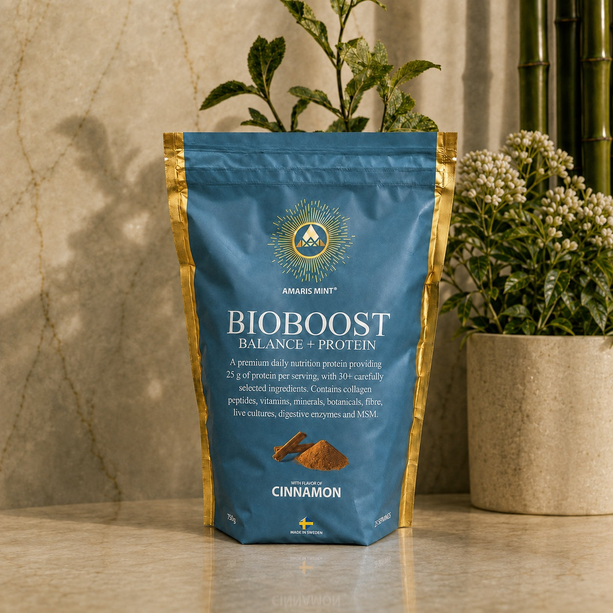 Amaris Mint BioBoost Balance + Protein Cinnamon protein powder pouch in a calm Scandinavian botanical setting.