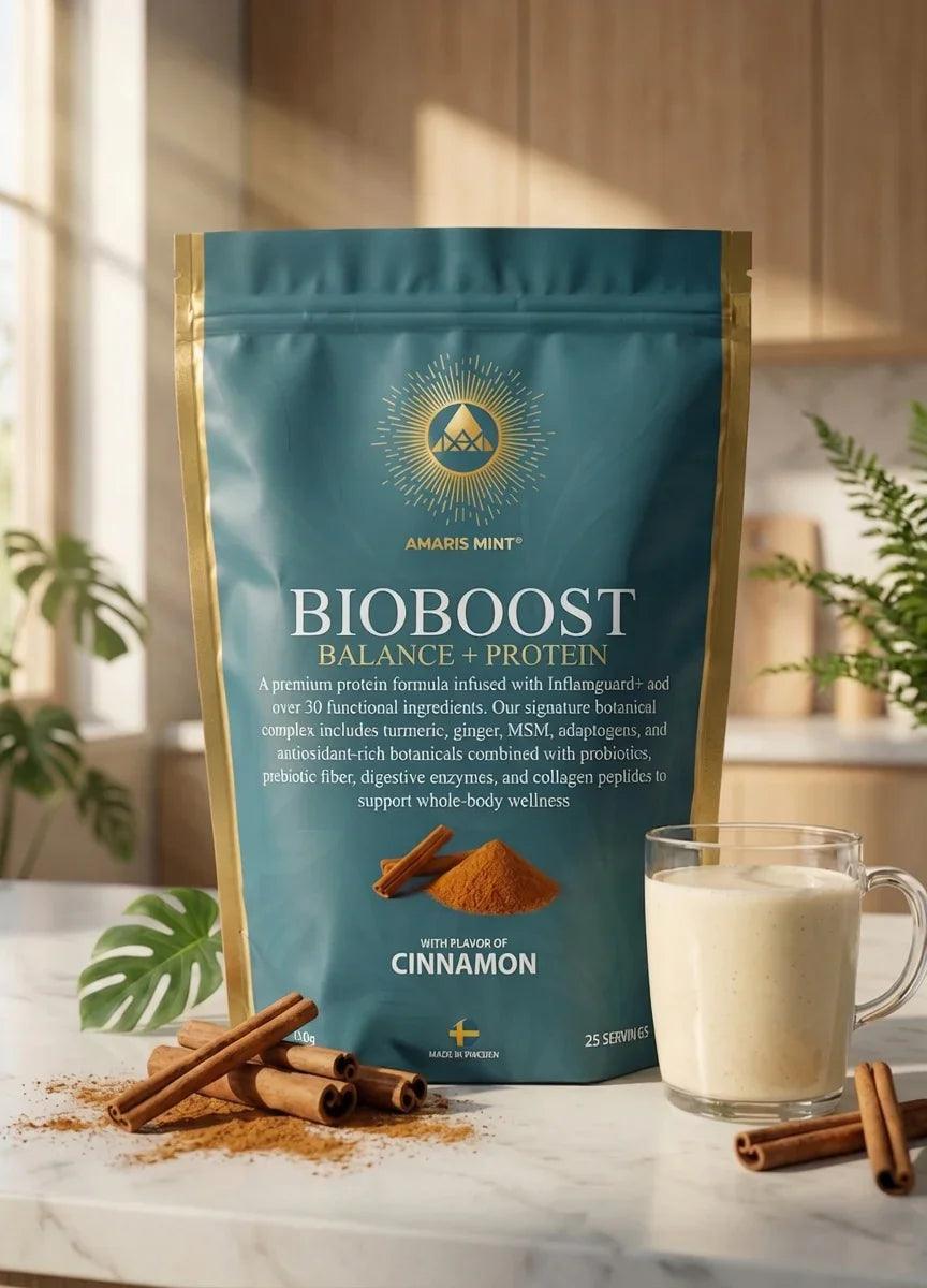 Amaris Mint BioBoost Balance + Protein Cinnamon protein powder with a prepared shake and cinnamon sticks.