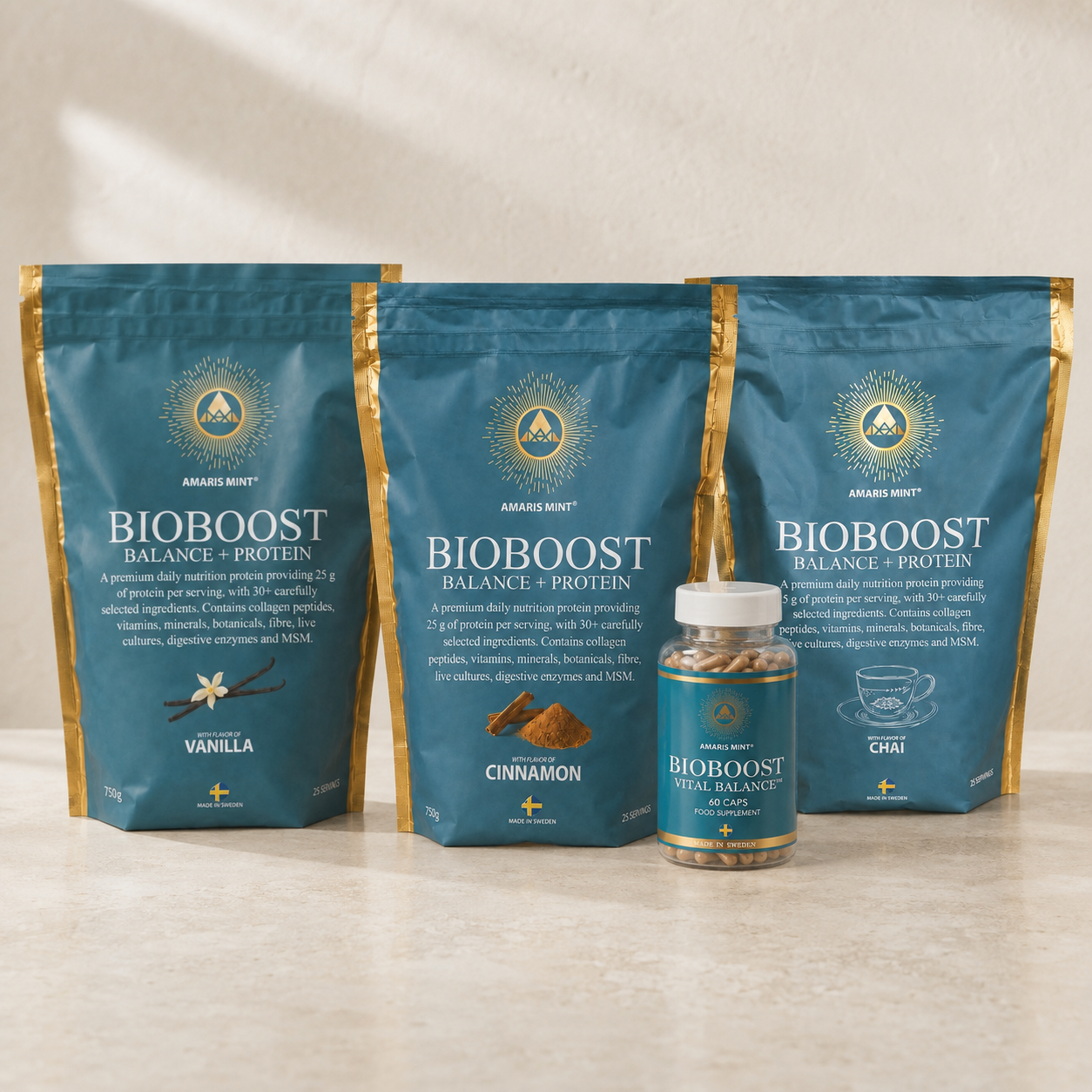 Amaris Mint BioBoost Balance+ Protein in Vanilla, Cinnamon and Chai with BioBoost Vital Balance capsules.