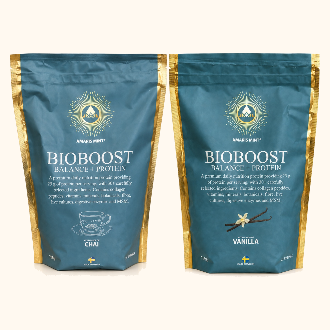 Amaris Mint BioBoost Balance + Protein Chai and Vanilla pouches for the Protein Duo bundle.