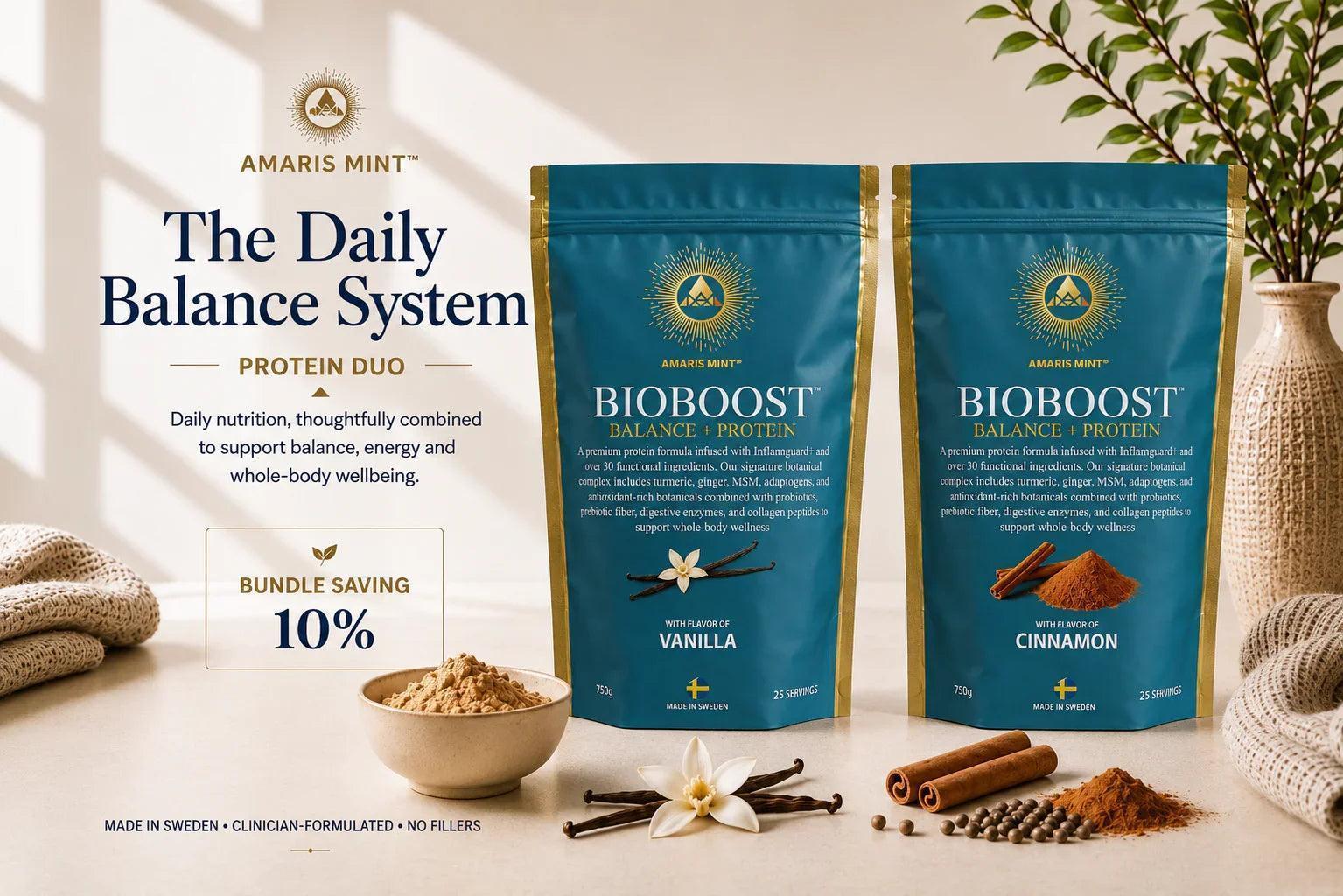 Amaris Mint BioBoost Protein Duo with Vanilla and Cinnamon protein powders, each providing 25 g protein per serving.