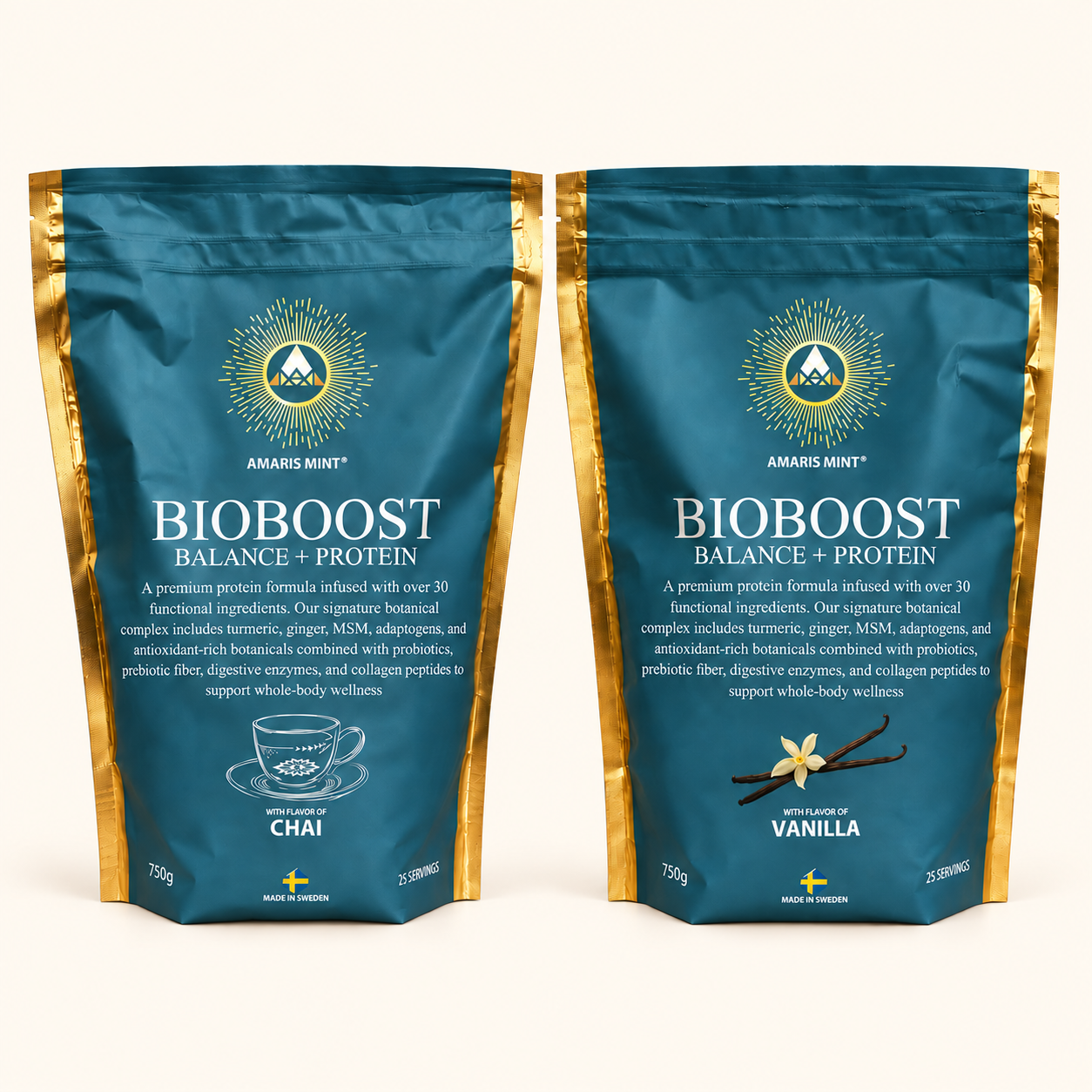 Amaris Mint Daily Protein Duo with Chai and Vanilla protein powder pouches