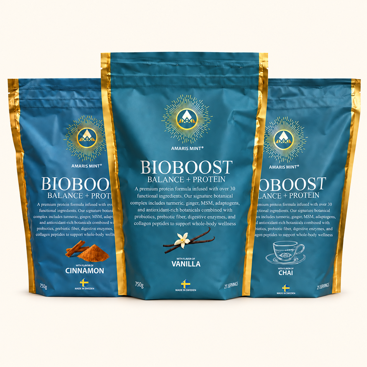 Amaris Mint BioBoost Balance+ Vanilla, Chai and Cinnamon protein powders
