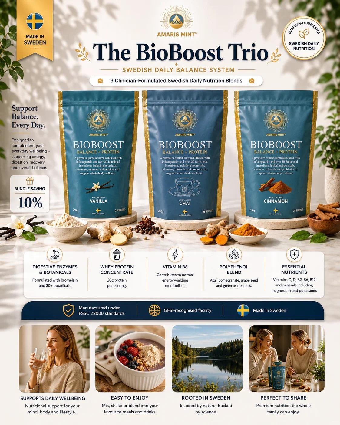 Amaris Mint BioBoost Trio with Vanilla, Cinnamon and Chai protein powder pouches, made in Sweden.