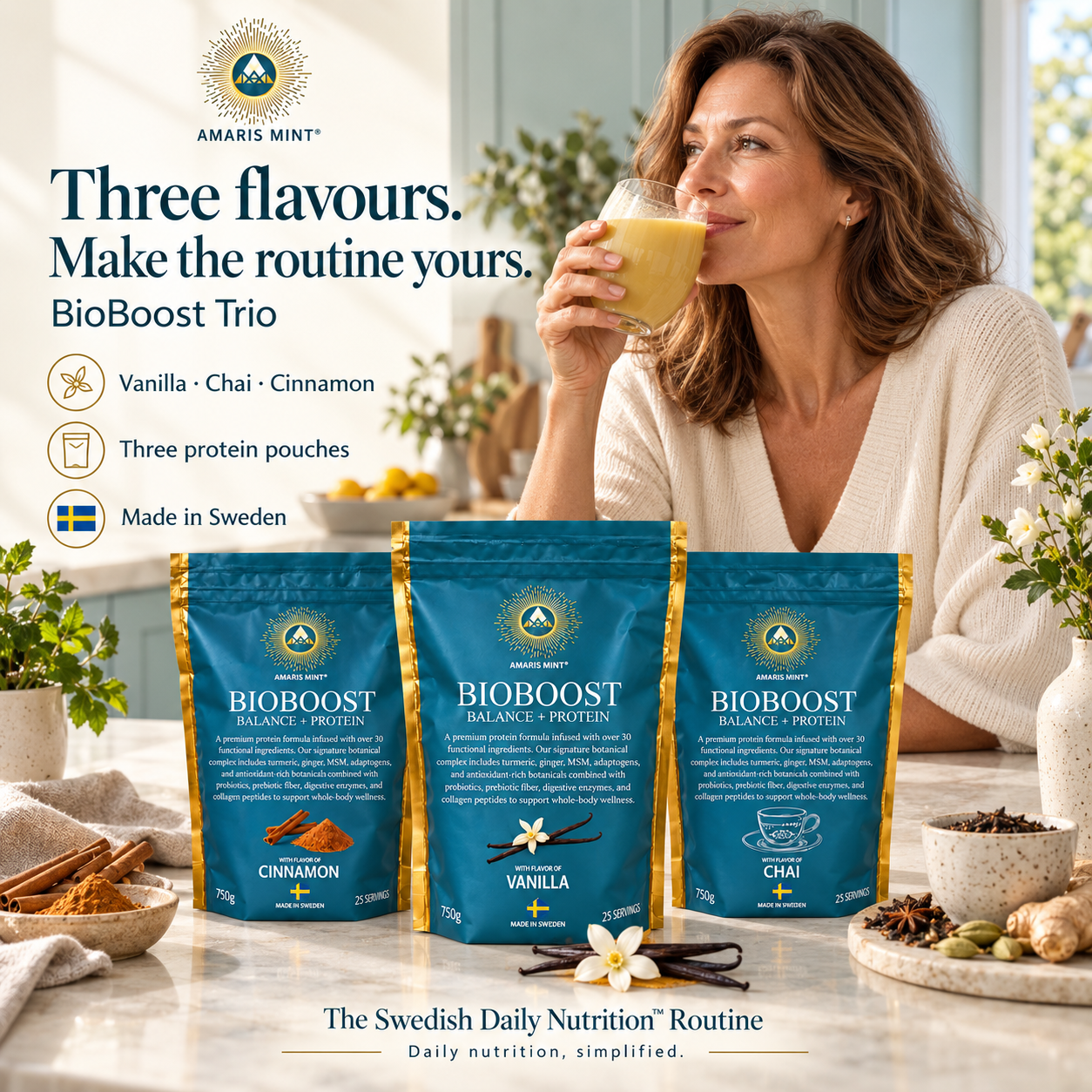BioBoost Trio lifestyle infographic showing Vanilla, Chai and Cinnamon protein pouches beside a woman drinking a golden shake at breakfast.