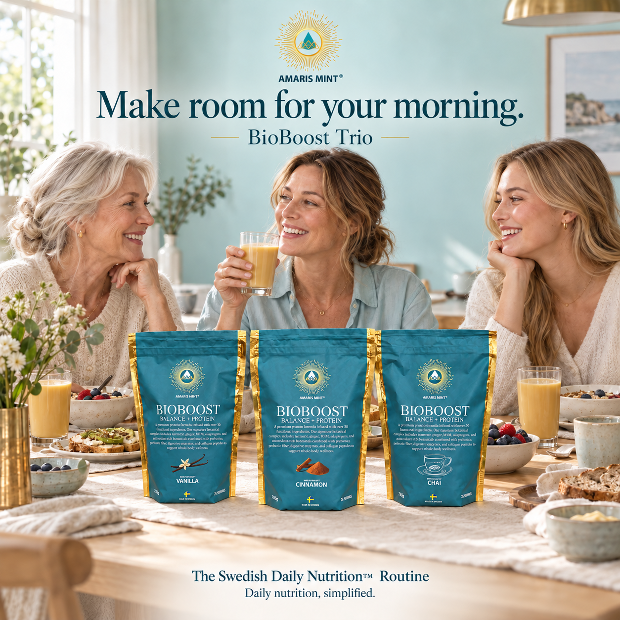 BioBoost Trio with Vanilla, Cinnamon and Chai pouches at a breakfast table with three adult family members and golden shakes.