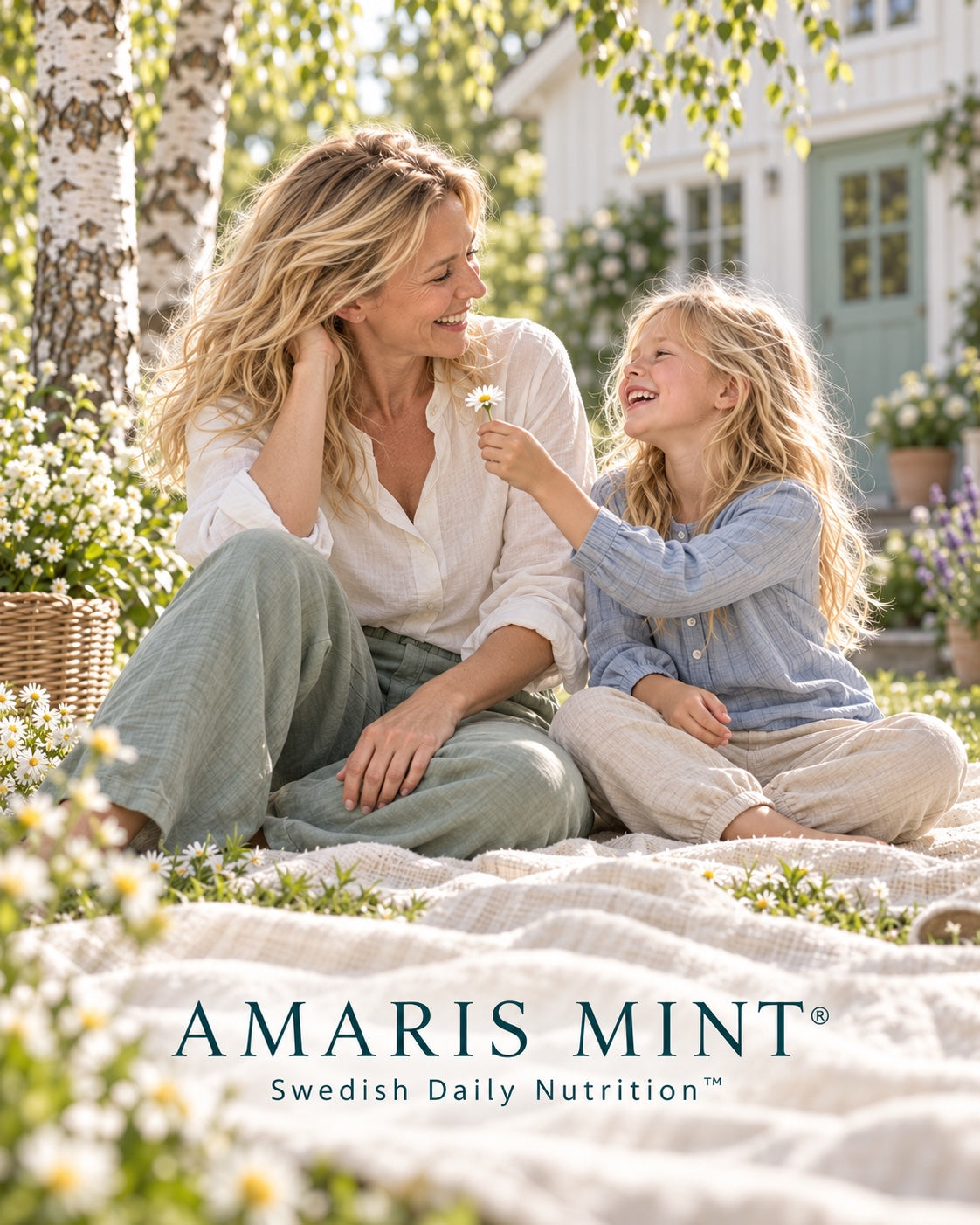 Mother and daughter sharing a sunny outdoor moment, representing the Amaris Mint Swedish Daily Nutrition routine