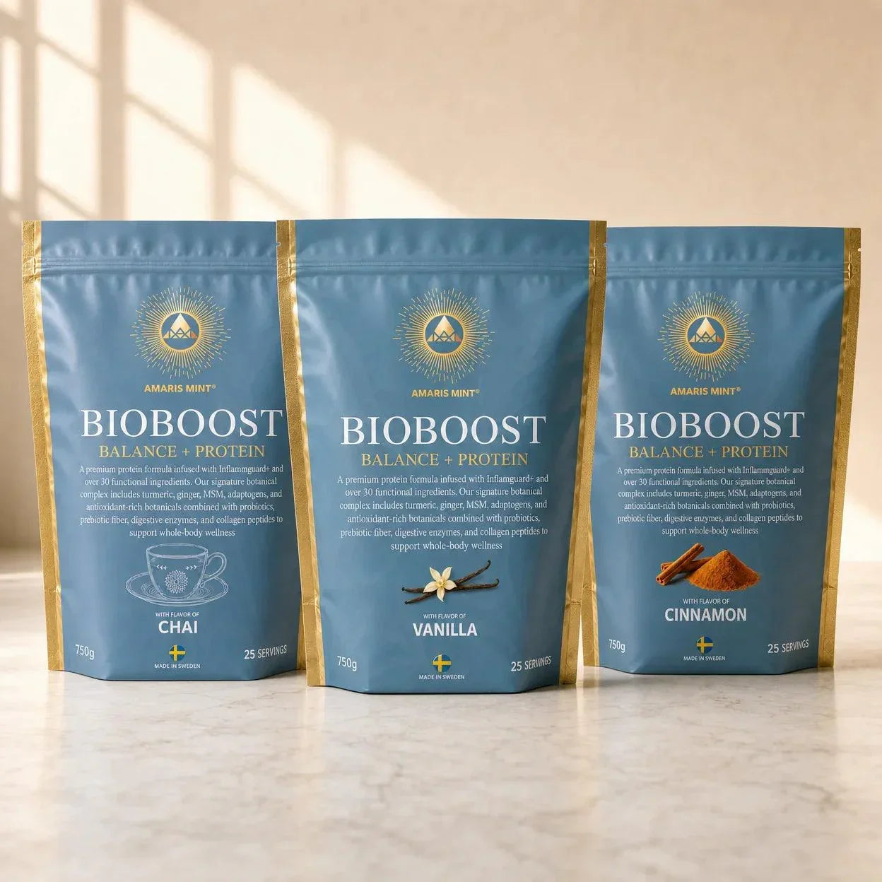 Amaris Mint BioBoost Trio infographic featuring Vanilla, Chai and Cinnamon protein powders, made in Sweden.