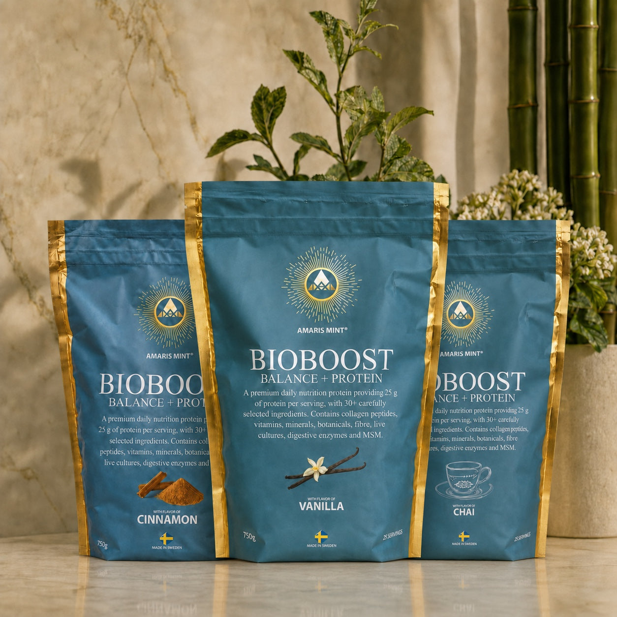 Amaris Mint BioBoost Trio with Vanilla, Cinnamon and Chai protein powder pouches, made in Sweden.