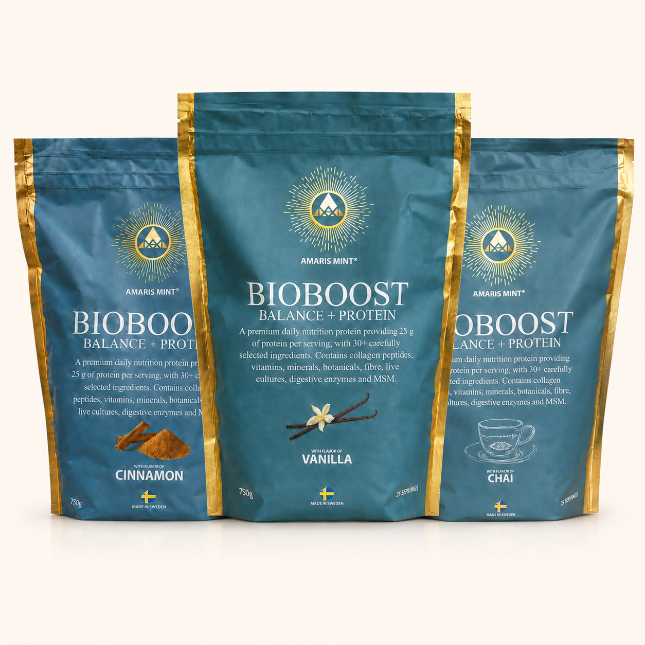 Amaris Mint BioBoost Trio with Vanilla, Cinnamon and Chai protein powder pouches, made in Sweden.
