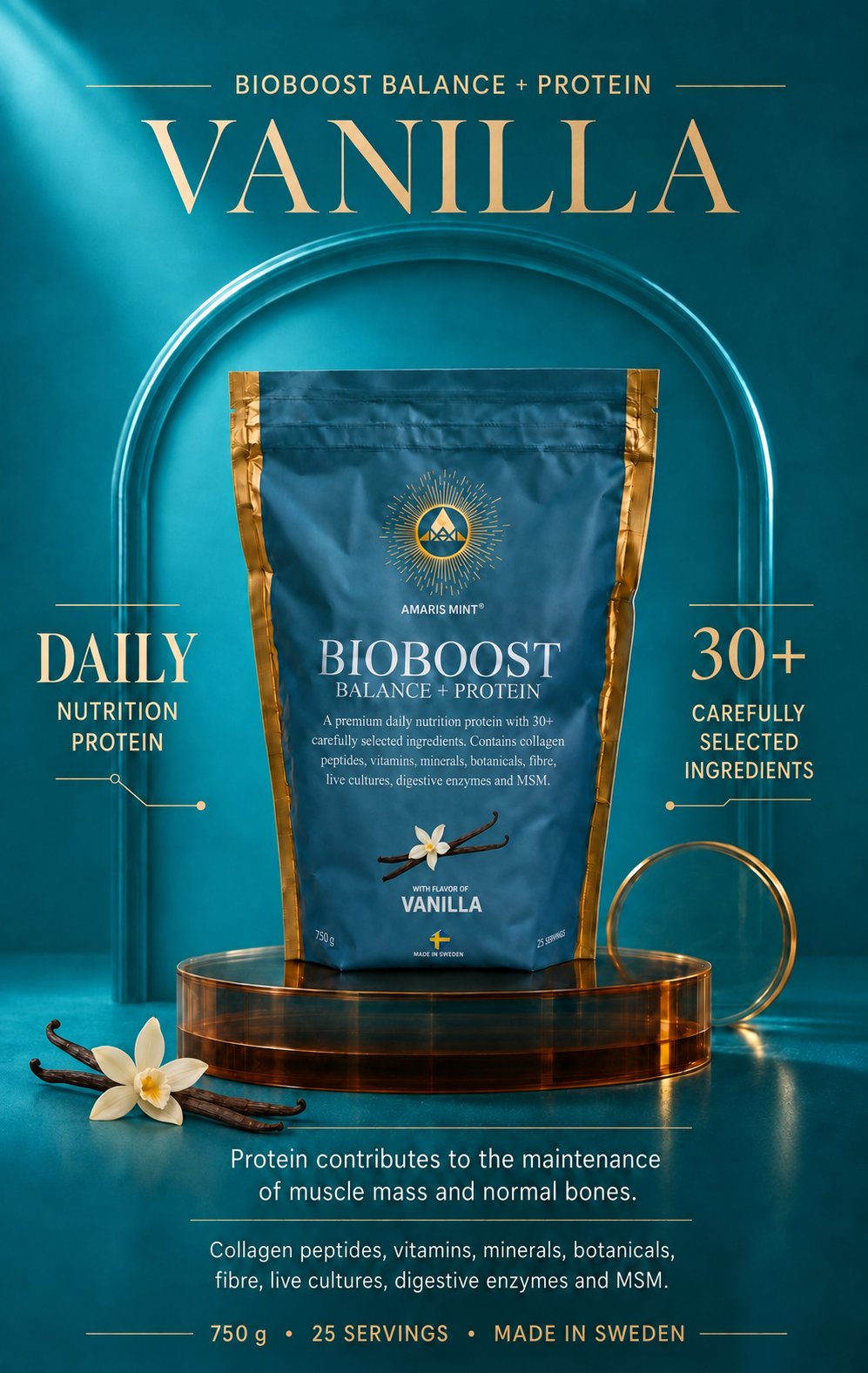 Amaris Mint BioBoost Balance+ Protein Vanilla daily nutrition protein with 30+ carefully selected ingredients, made in Sweden.