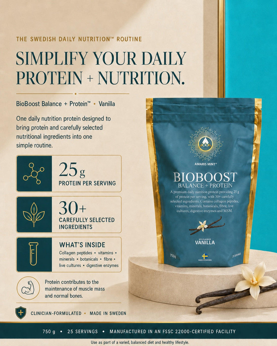 Amaris Mint BioBoost Vanilla daily nutrition infographic showing 25 g protein per serving.