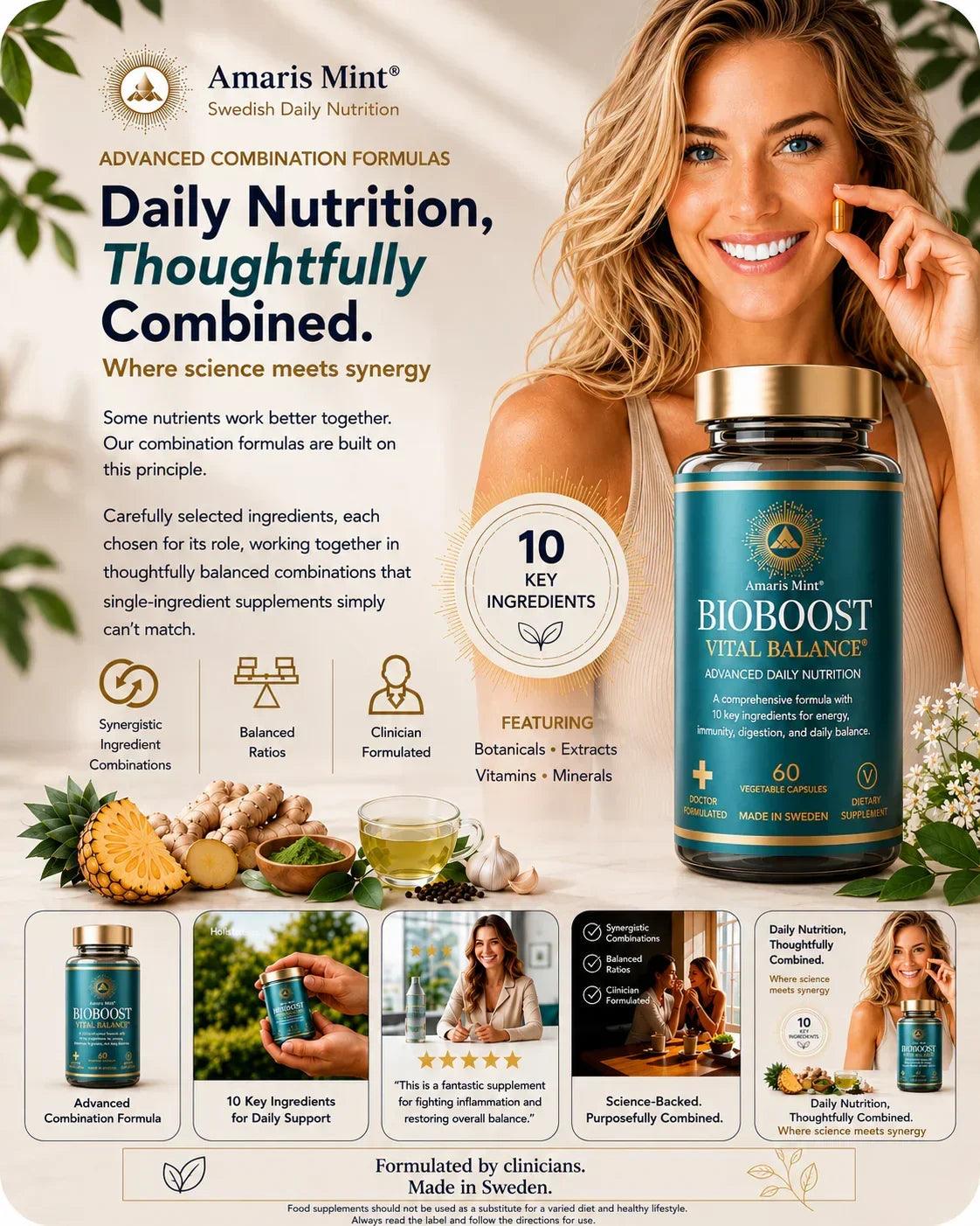 Amaris Mint BioBoost Vital Balance daily botanical food supplement with 10 key ingredients and 60 capsules, made in Sweden.