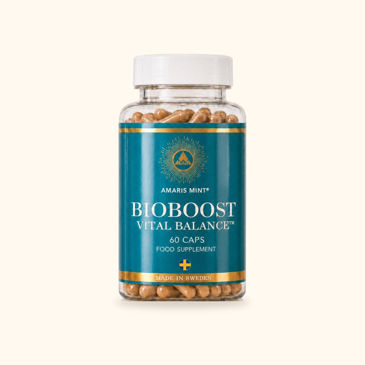 Amaris Mint® BioBoost Vital Balance™ daily botanical food supplement in a clear bottle containing 60 capsules.