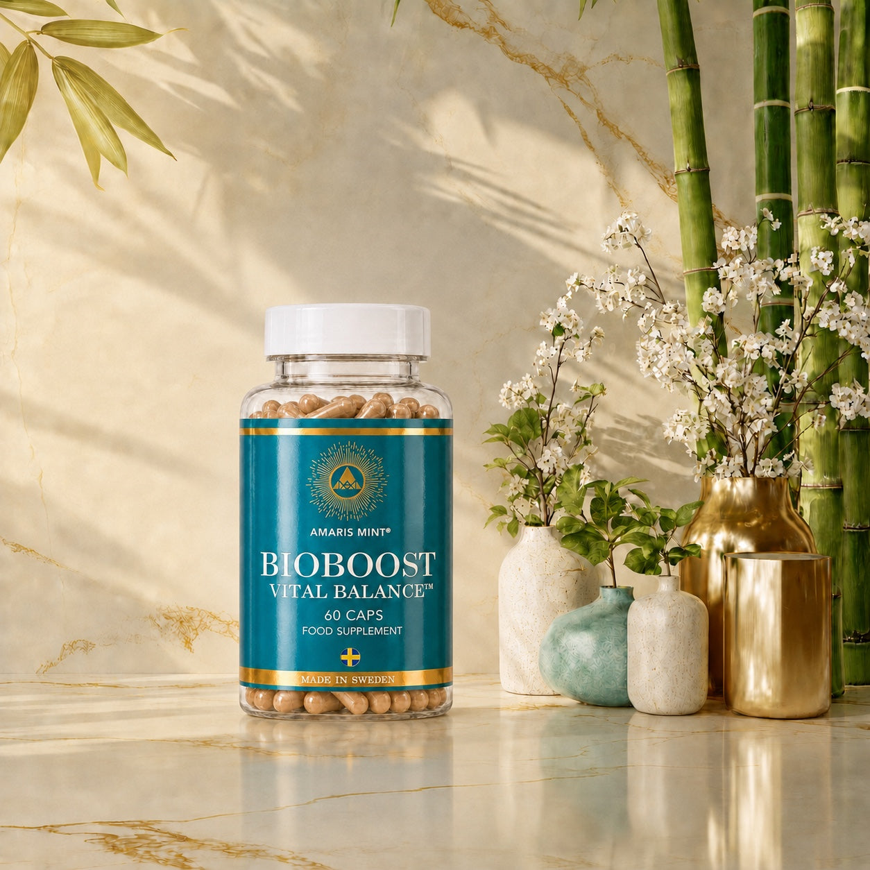 Amaris Mint BioBoost Vital Balance 60-capsule food supplement in a Scandinavian-inspired setting.
