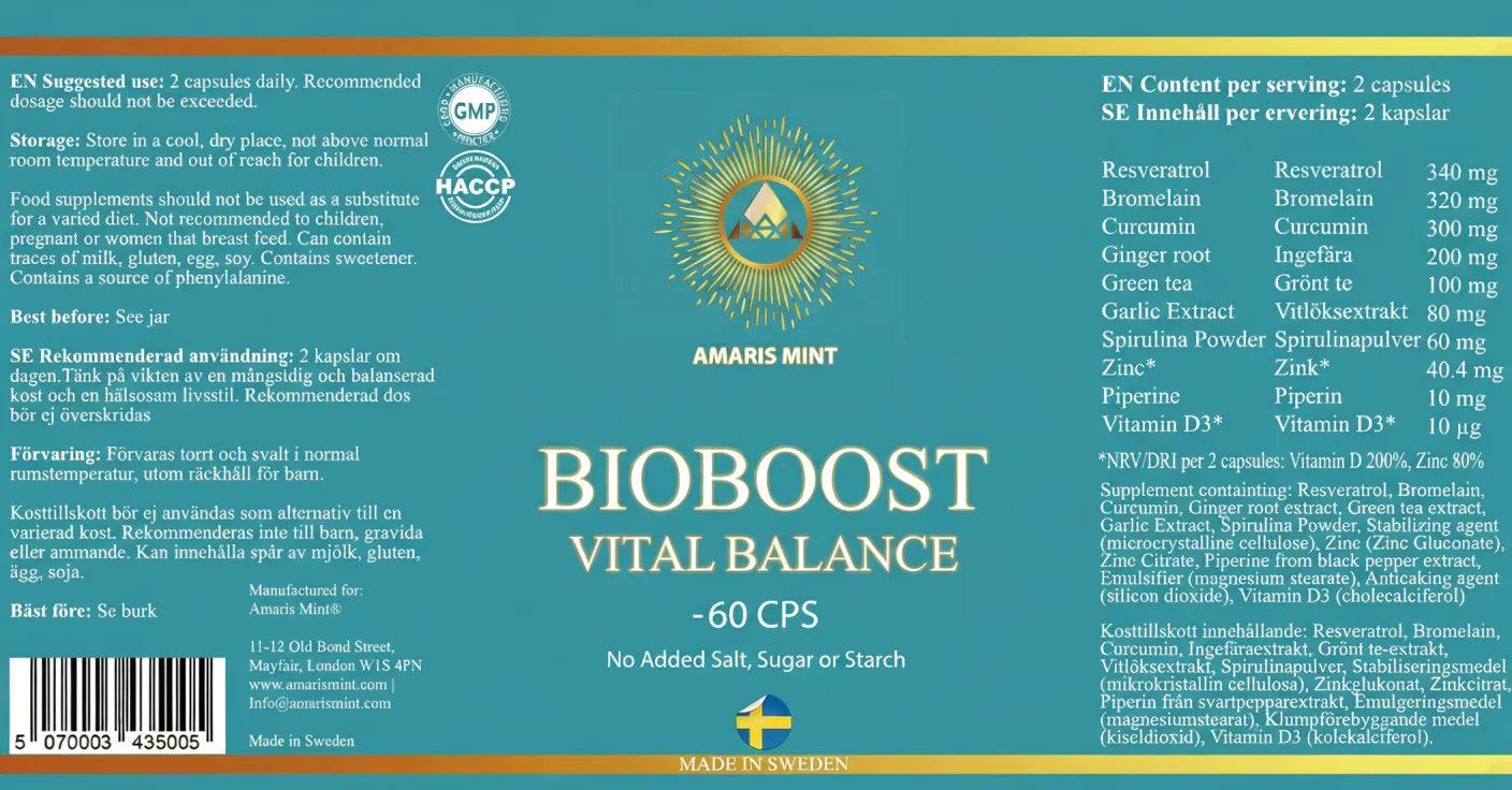 Amaris Mint BioBoost Vital Balance food supplement label showing ingredients, recommended use and 60 capsules.