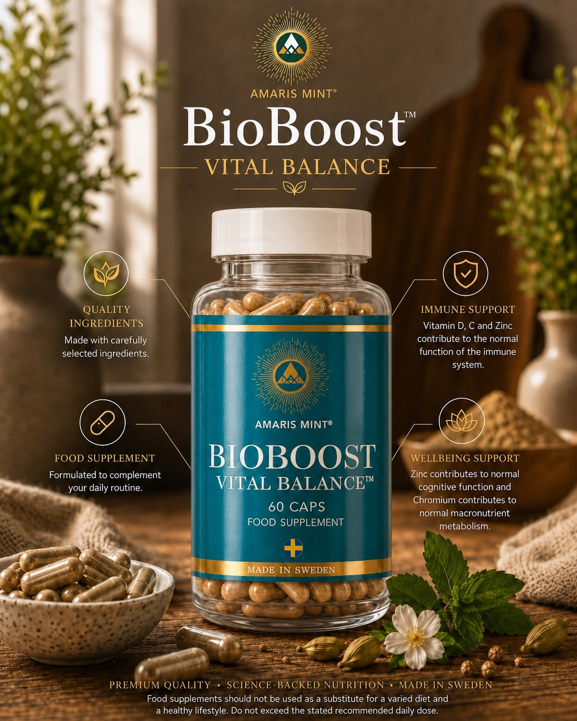 Amaris Mint BioBoost Vital Balance 60-capsule food supplement with vitamin D, zinc and carefully selected ingredients.