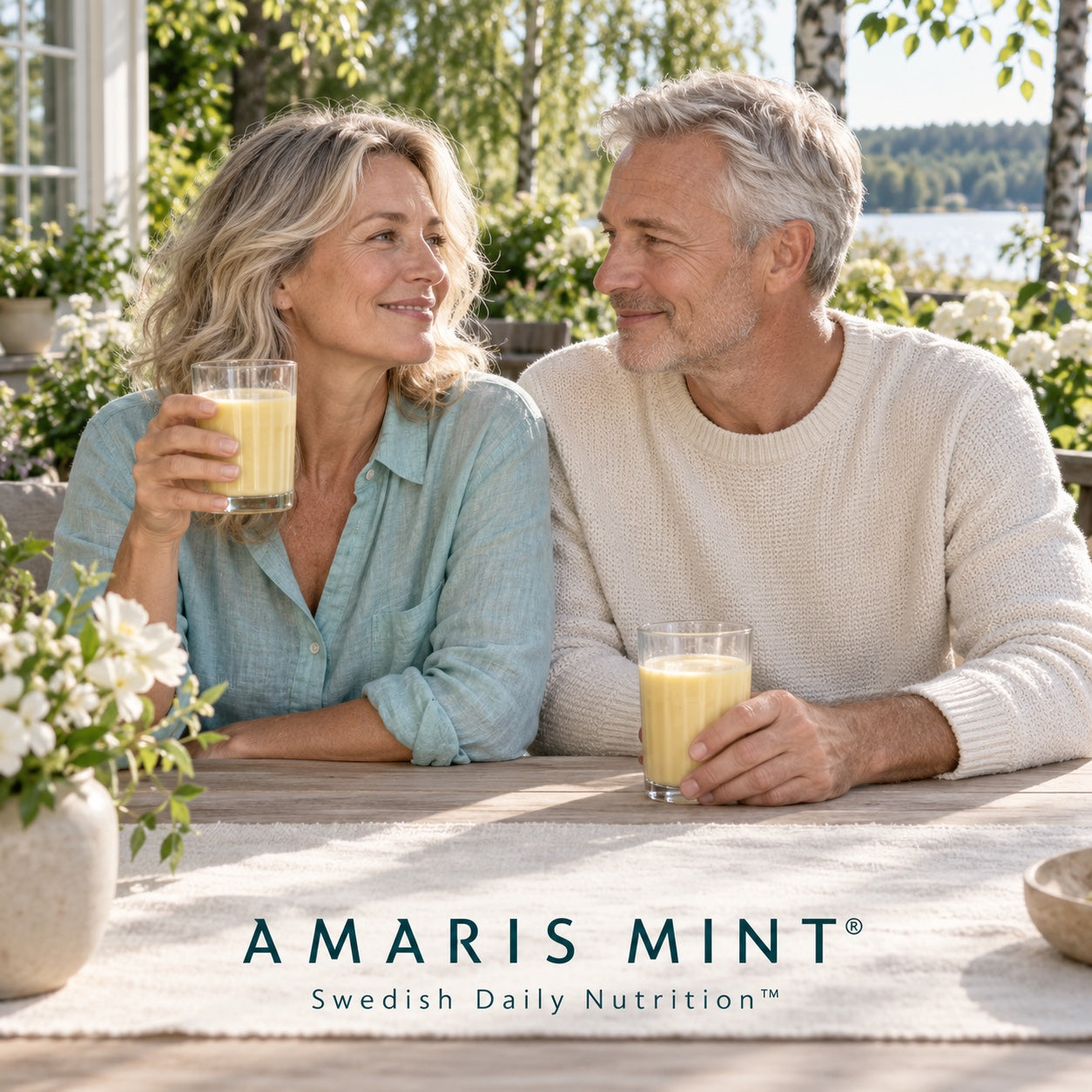 Mature couple enjoying Amaris Mint daily nutrition shakes in a Swedish-inspired setting
