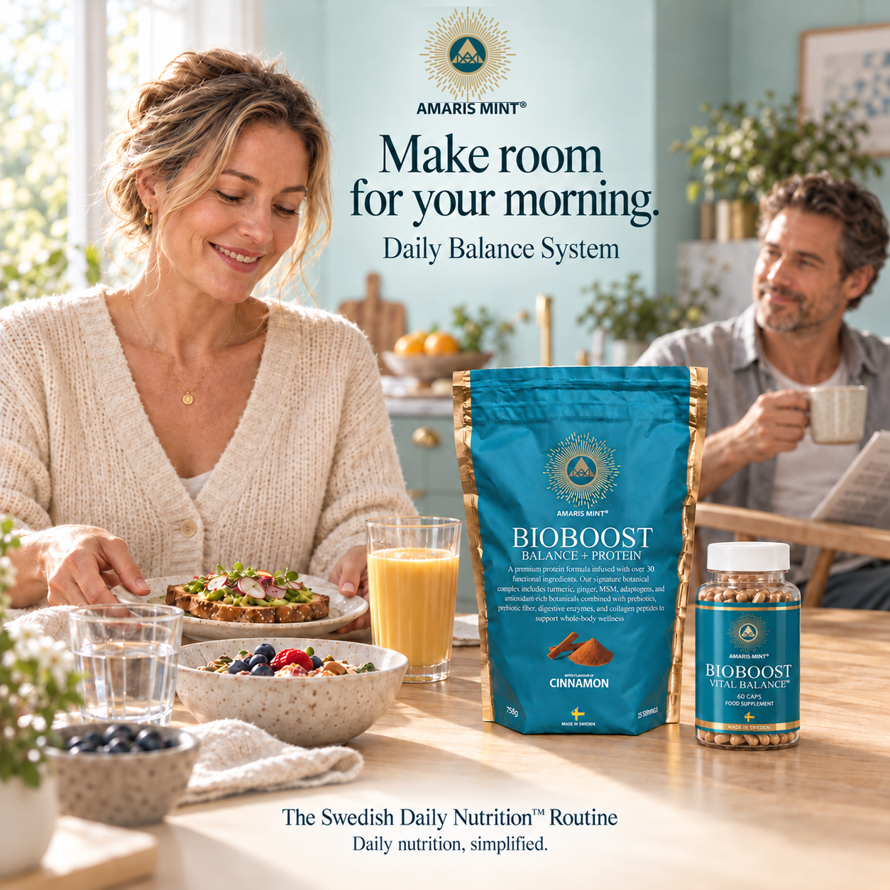 Daily Balance System with one Cinnamon protein pouch and one Vital Balance bottle beside an adult couple at breakfast, with a golden shake and water.