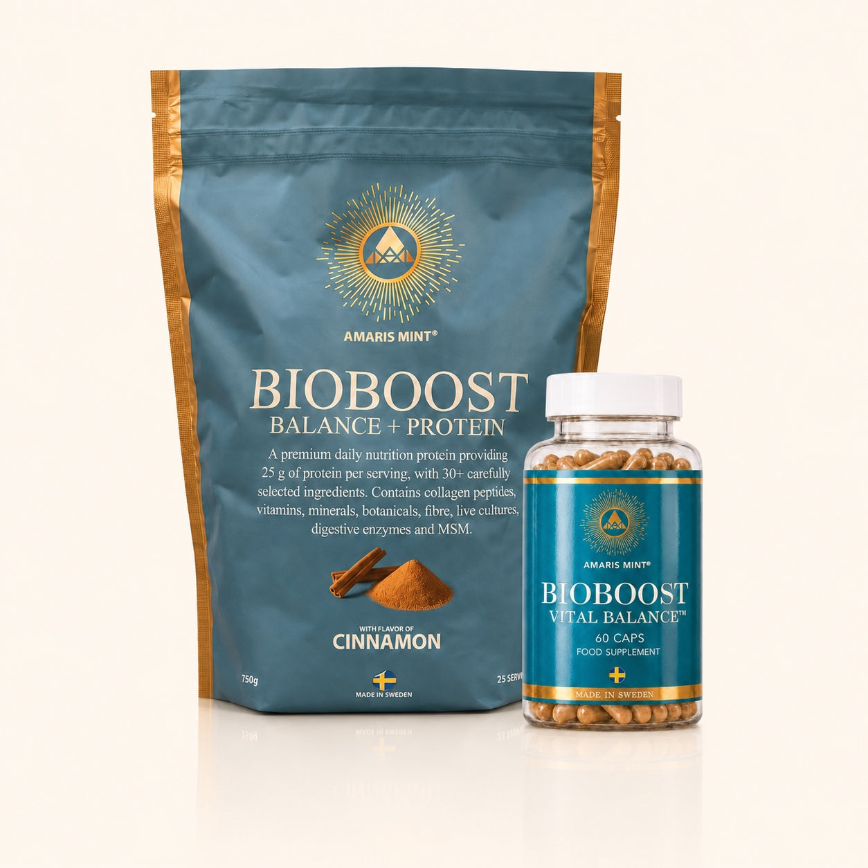 Amaris Mint Daily Balance System with BioBoost Balance + Protein Cinnamon and BioBoost Vital Balance capsules.