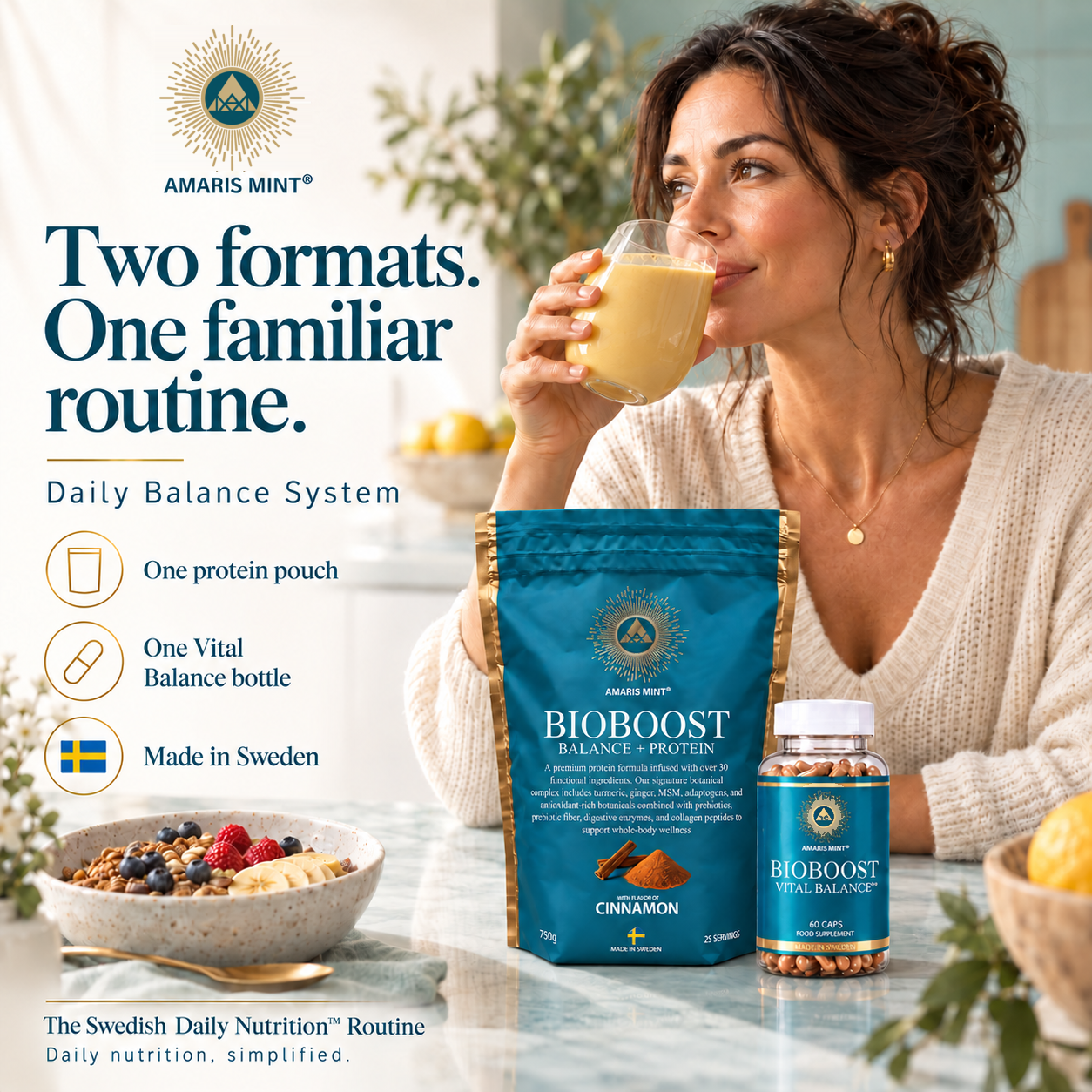 Daily Balance System lifestyle infographic showing one Cinnamon protein pouch and one Vital Balance bottle beside a woman with a golden shake.