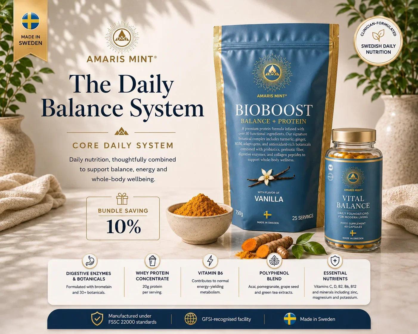 Amaris Mint Daily Balance System with BioBoost Balance + Protein Vanilla and BioBoost Vital Balance capsules, made in Sweden.
