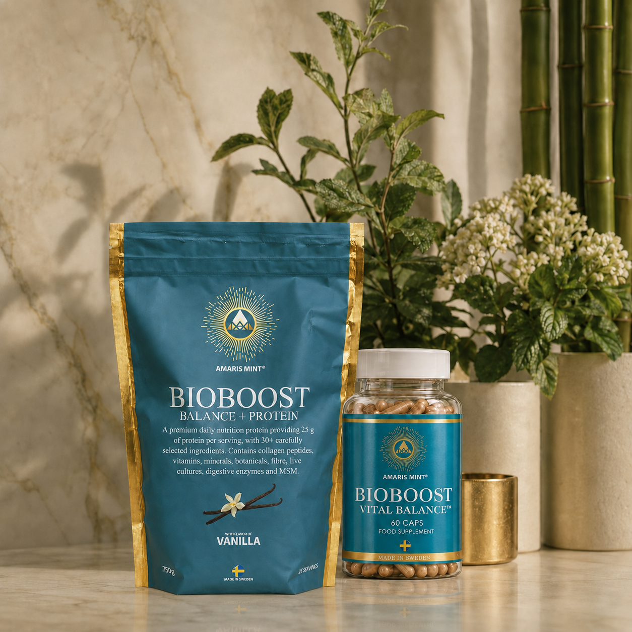 Amaris Mint Daily Balance System with BioBoost vanilla protein powder and Vital Balance capsules, made in Sweden.