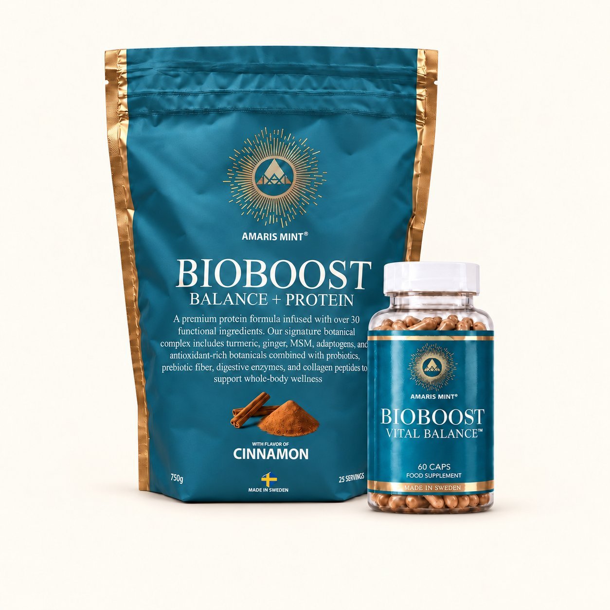 Amaris Mint daily protein and supplement bundle with Cinnamon protein powder and Vital Balance capsules